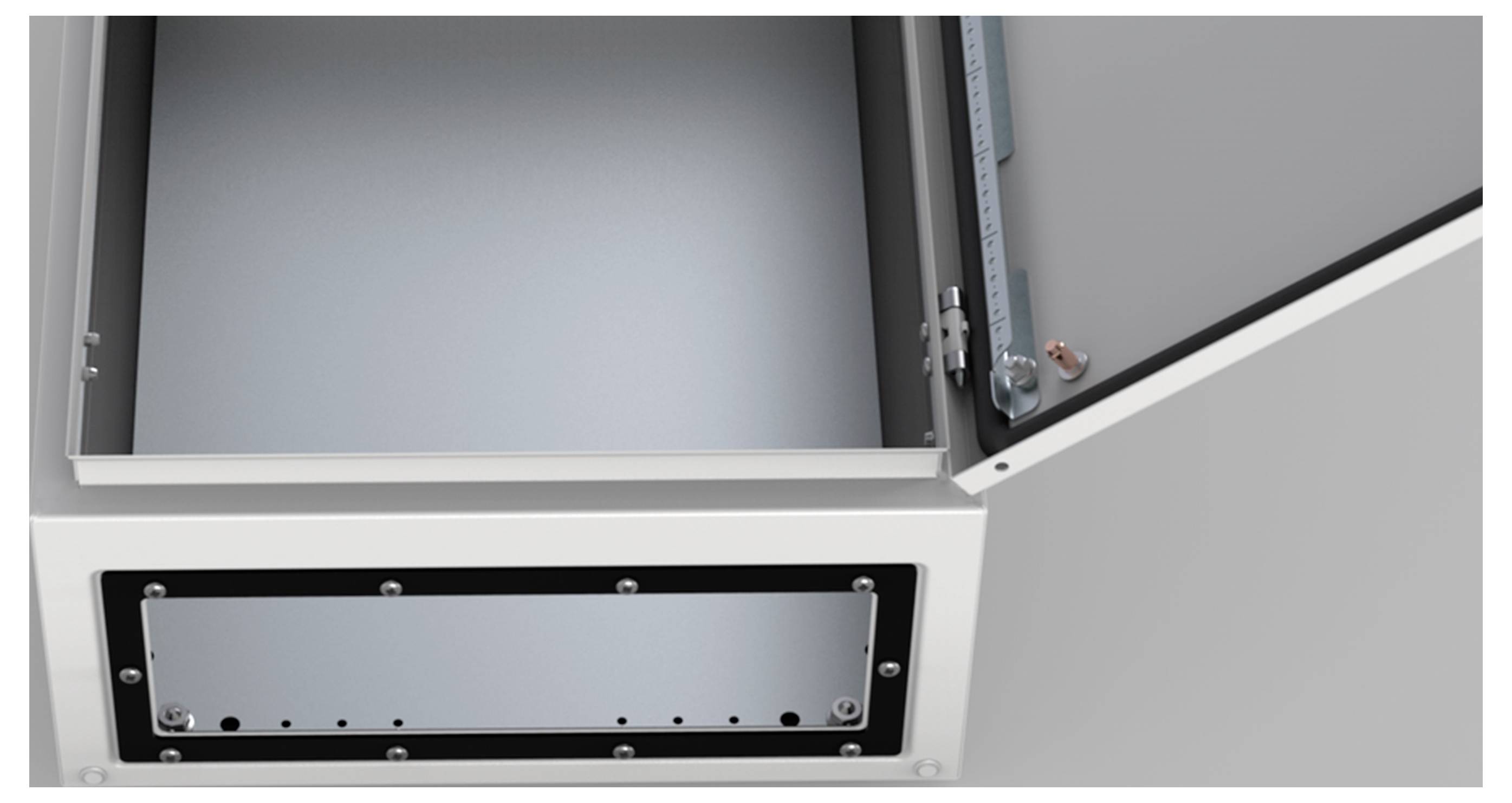 Geöffnetes Metallgehäuse zeigt inneren Stauraum und ein Scharnier an der rechten Seite.