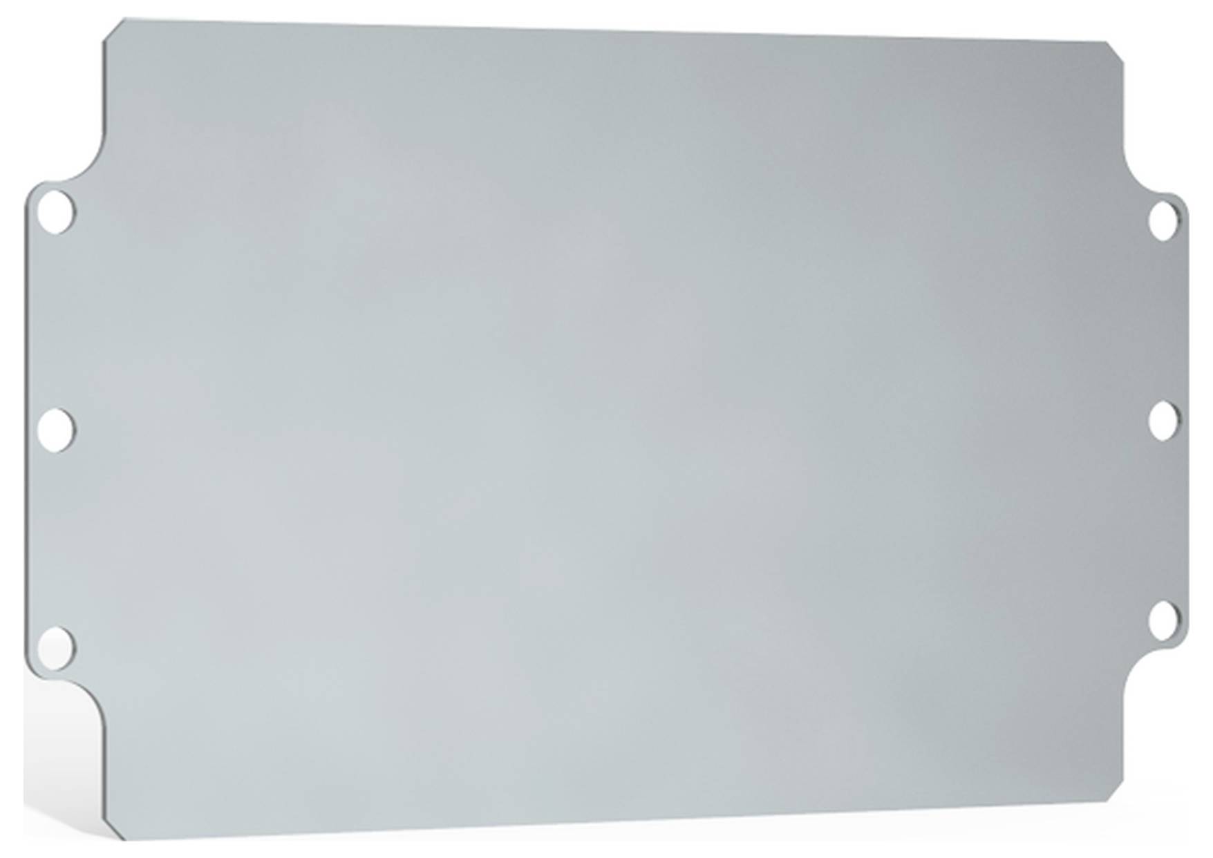 Metallplatte mit abgerundeten Ecken und Schraublöchern an den Seiten.