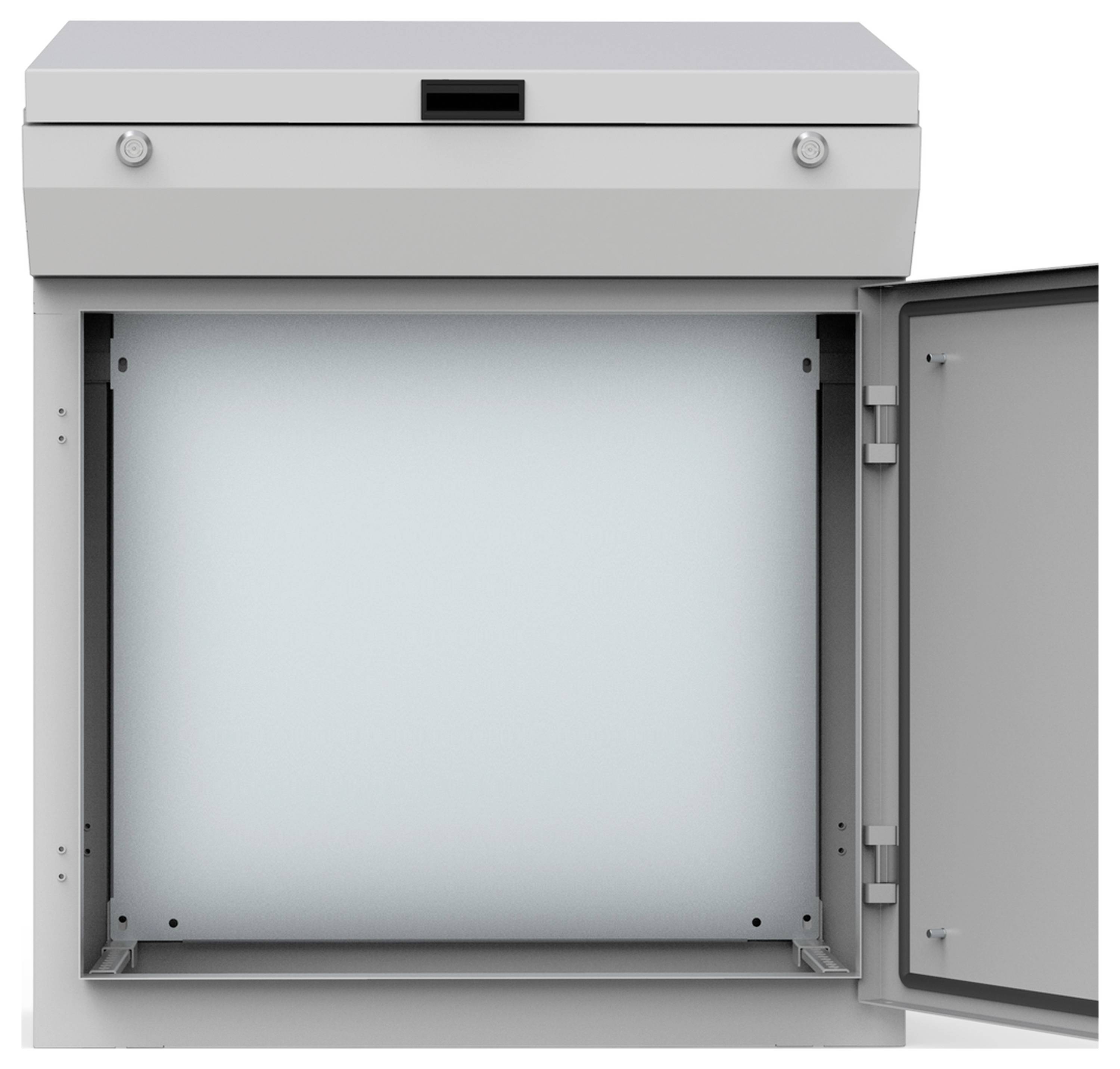 Ein geöffneter grauer Schrank mit offener Tür, der leeren Innenraum sichtbar. Keine weiteren Gegenstände oder Texturen vorhanden.