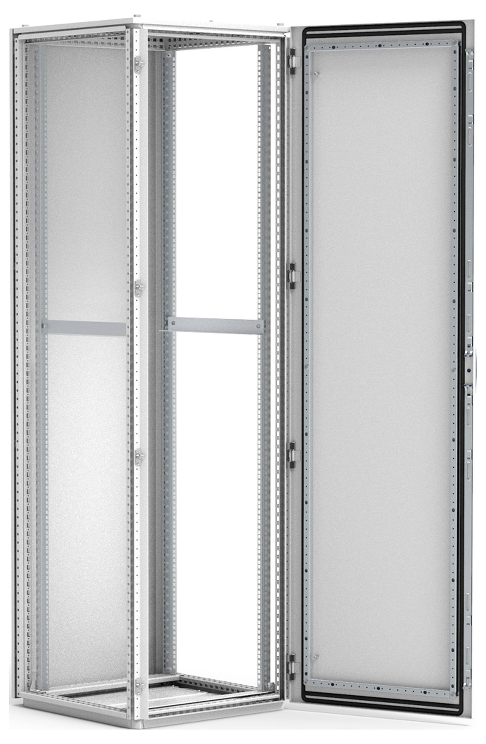 Ein offenes IT-Rack mit einem Metallrahmen und perforierten Seitenwänden, geeignet zur Installation von Servern und Netzwerkgeräten.