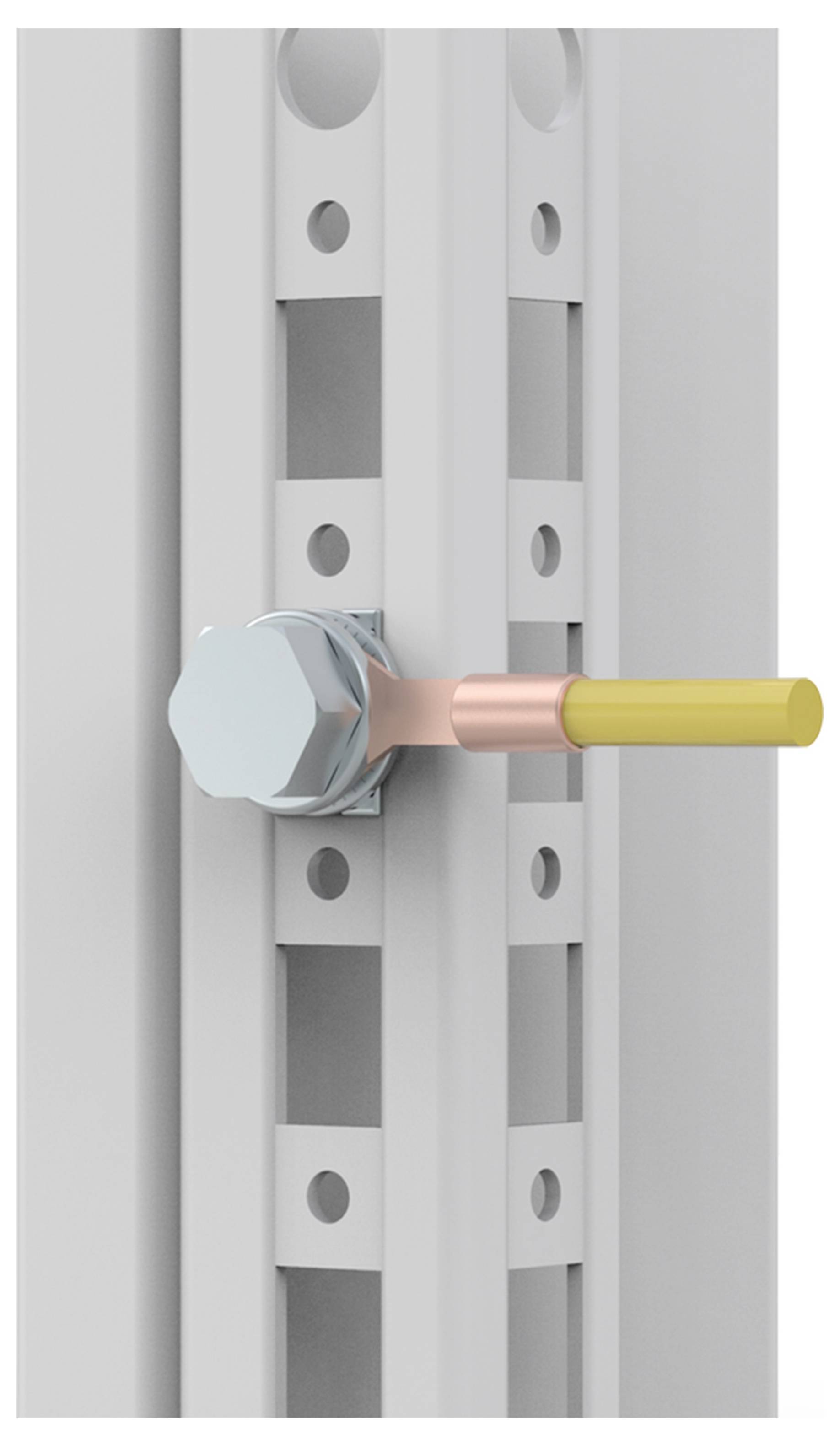 Eine Metallkonstruktion zeigt eine vertikale Schiene mit Bolzen und gelbem Griff, die die Position oder Befestigung ermöglicht.