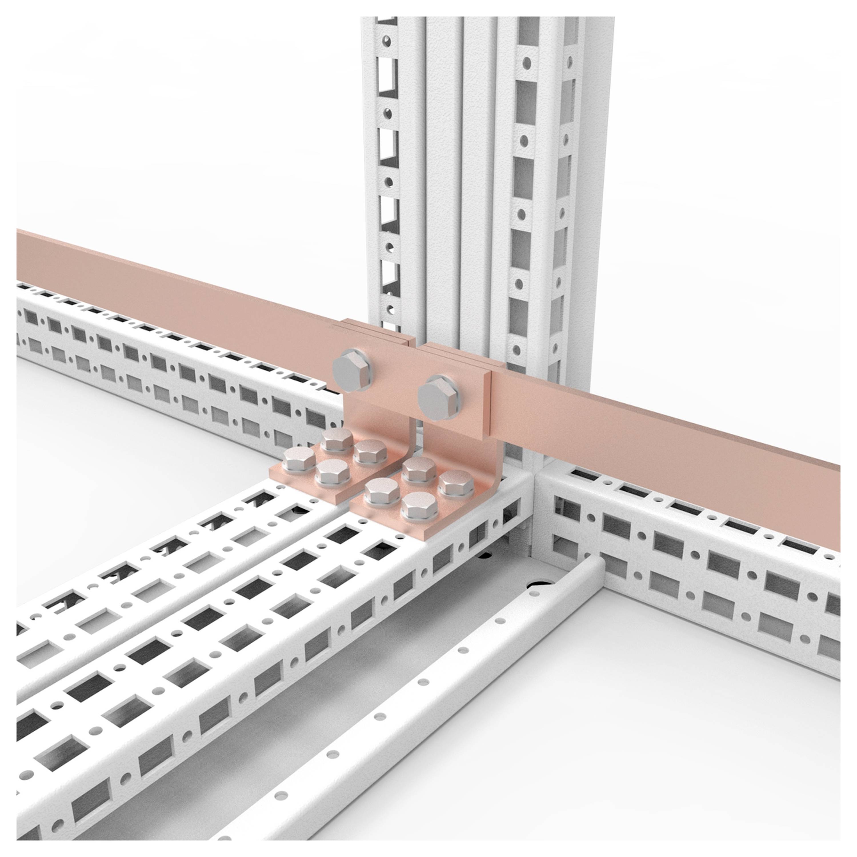 Ein Kupfer-Schienenverteiler kreuzt zwei weiße Metallrahmen. Die Konstruktion zeigt Befestigungsschrauben an den Kreuzungspunkten.