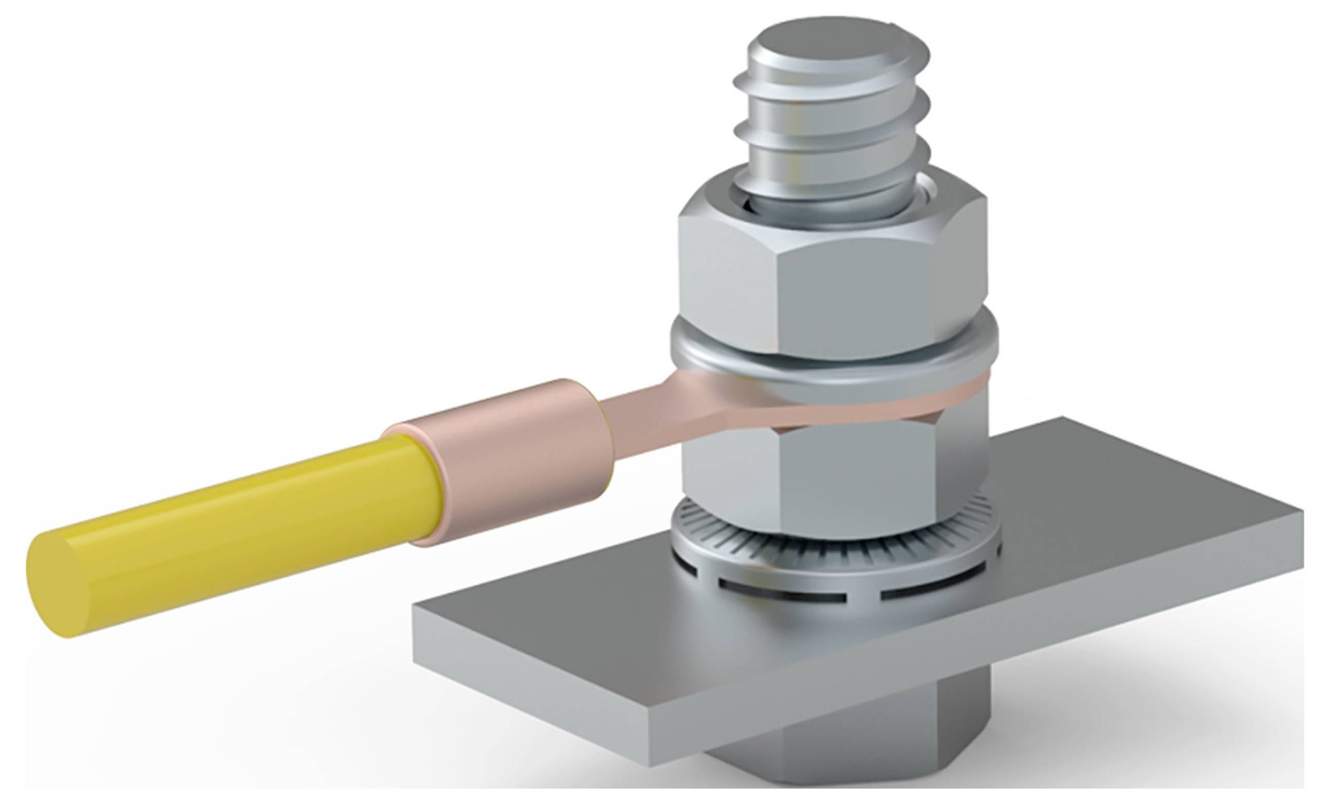 Illustration eines Gewindebolzens mit zugehöriger Mutter und Unterlegscheibe. Eine Kupferleitung ist am Gewindebolzen befestigt.