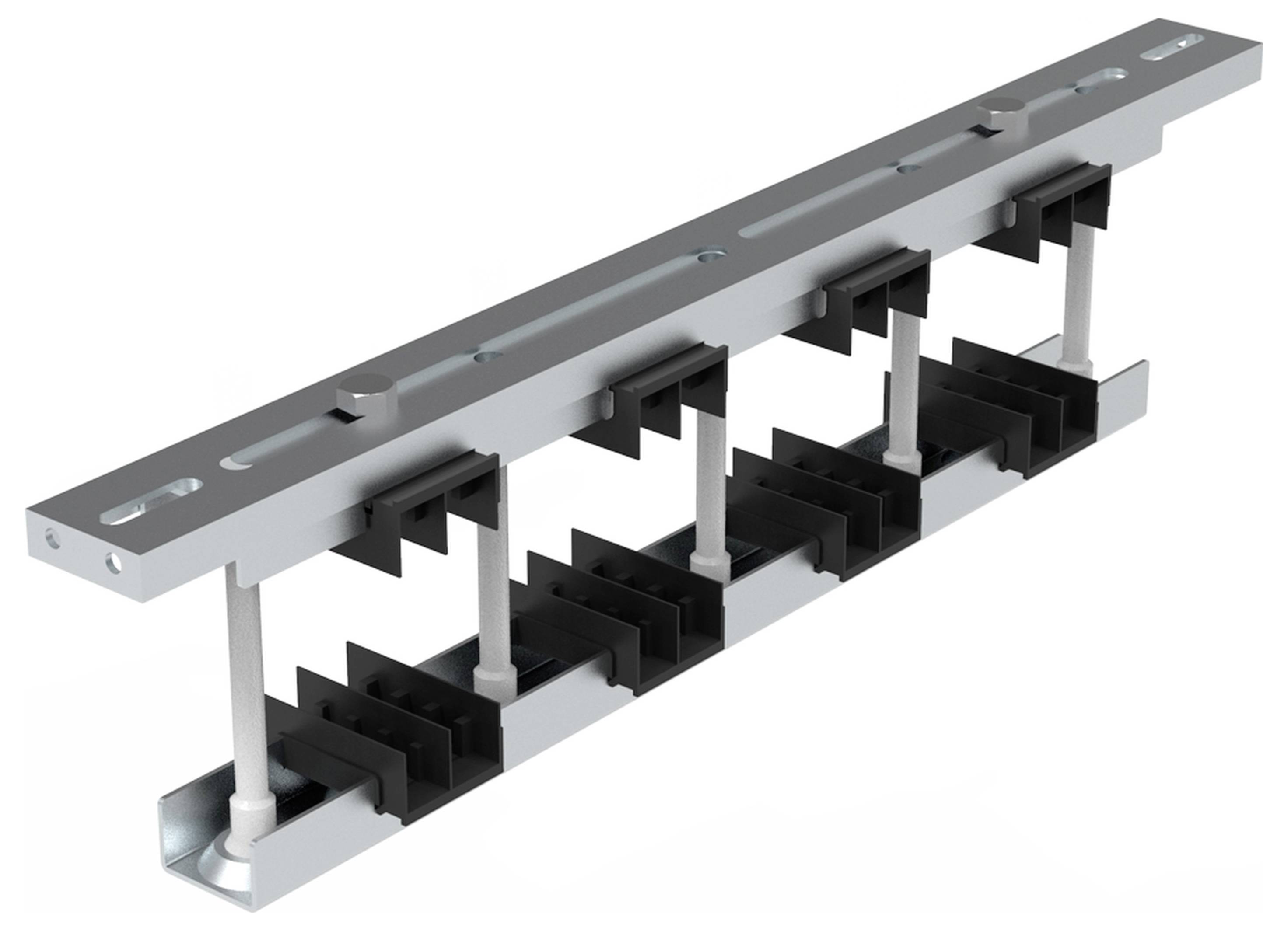 Metallbrücke mit schwarzen Isolierstegen, die separate Bereiche verbinden. Geeignet für Baukonstruktionen, zur Schall- und Wärmedämmung.