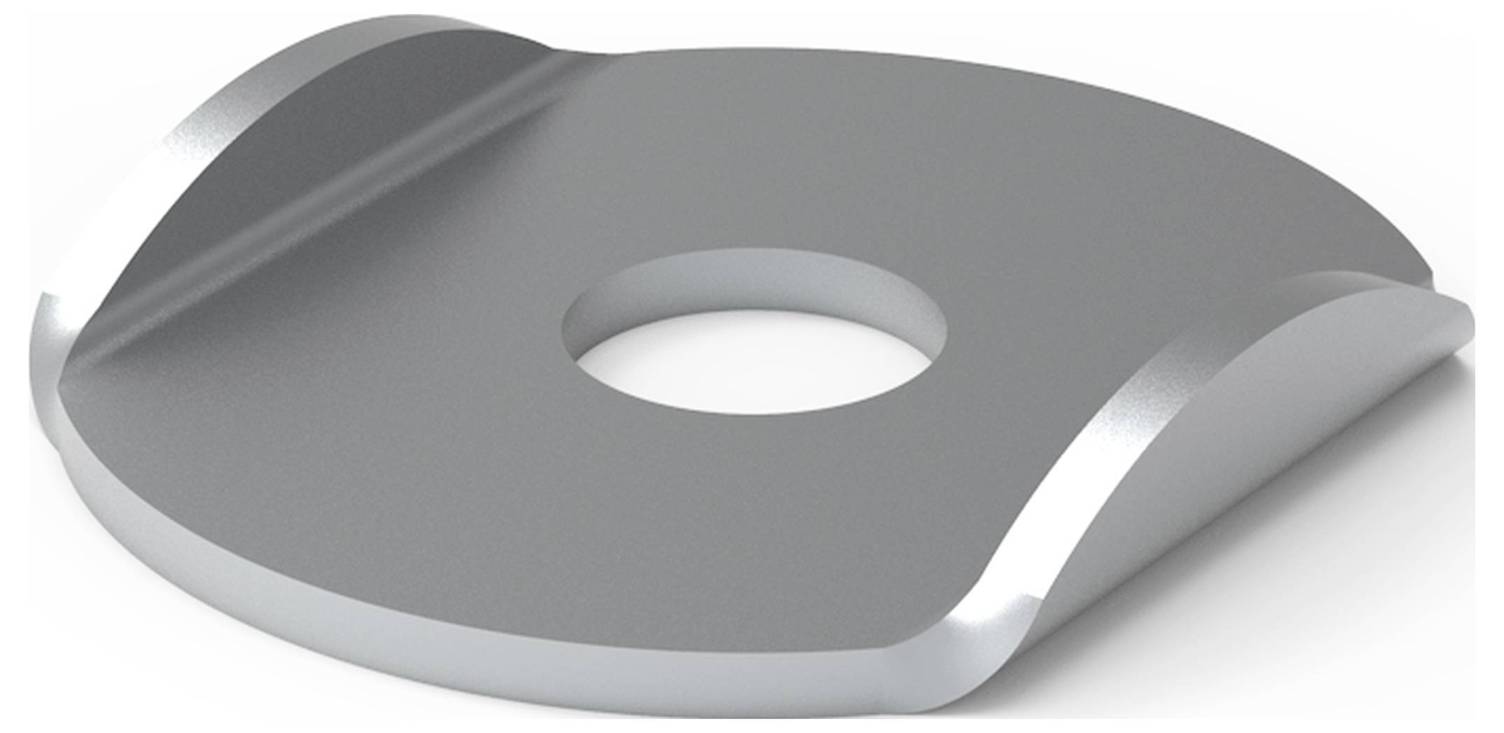 Eine silberne, flache Scheibe mit einer zentralen Öffnung und zwei leicht gebogenen Enden.