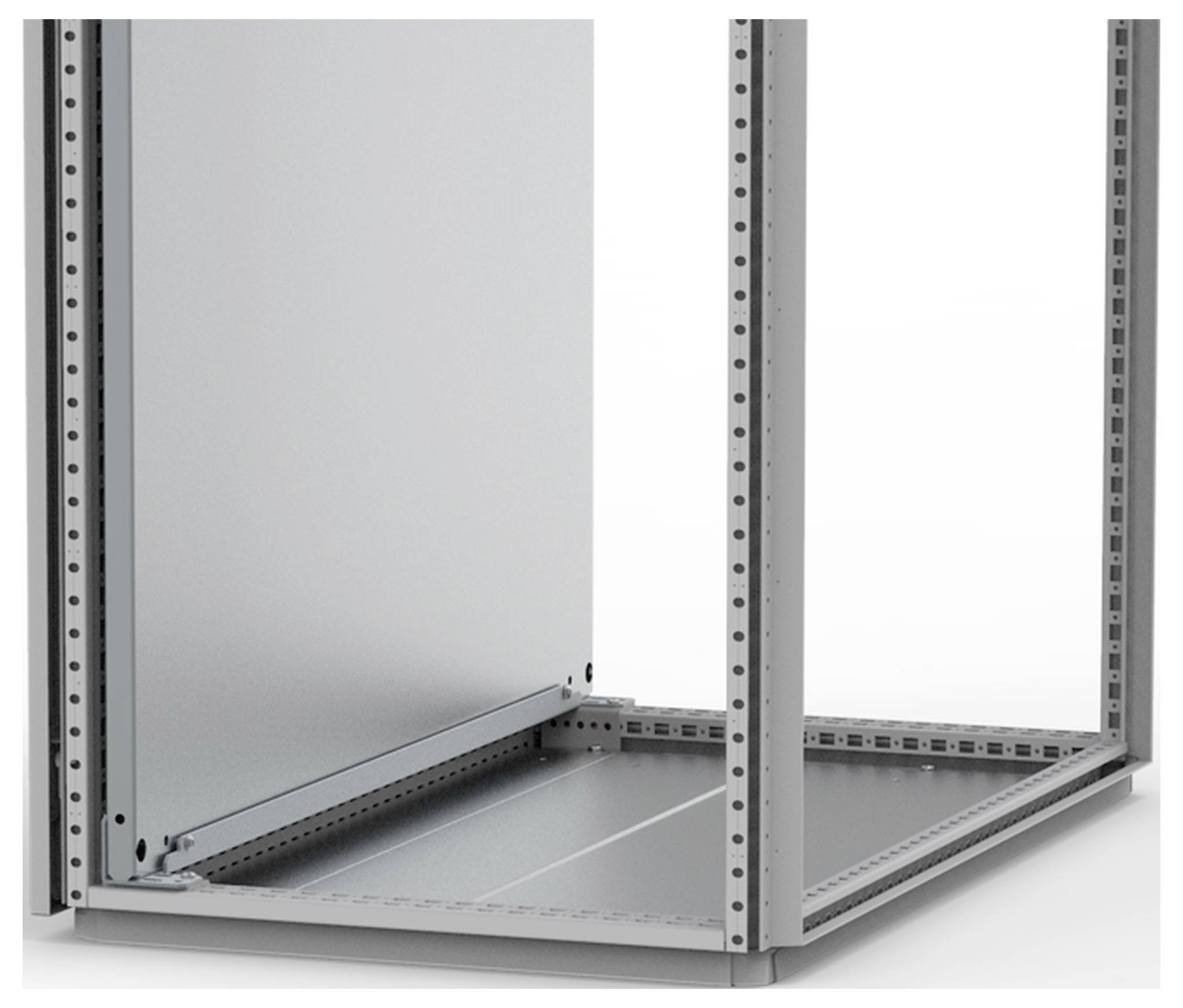 Teil eines Metallrahmens oder Schaltschranks mit seitlichen und unteren Metallplatten. Anwendungen umfassen industrielle Gehäuse.