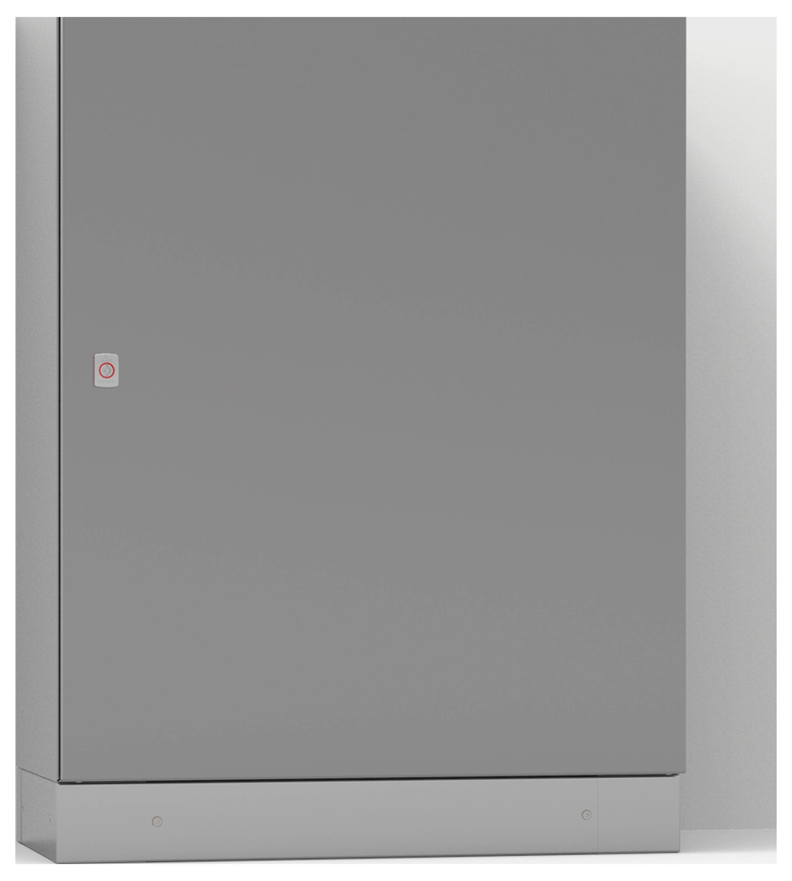 Graues, rechteckiges Metallschrankgehäuse mit geschlossenem Türpanel und kleinem roten Logo in der oberen linken Ecke.