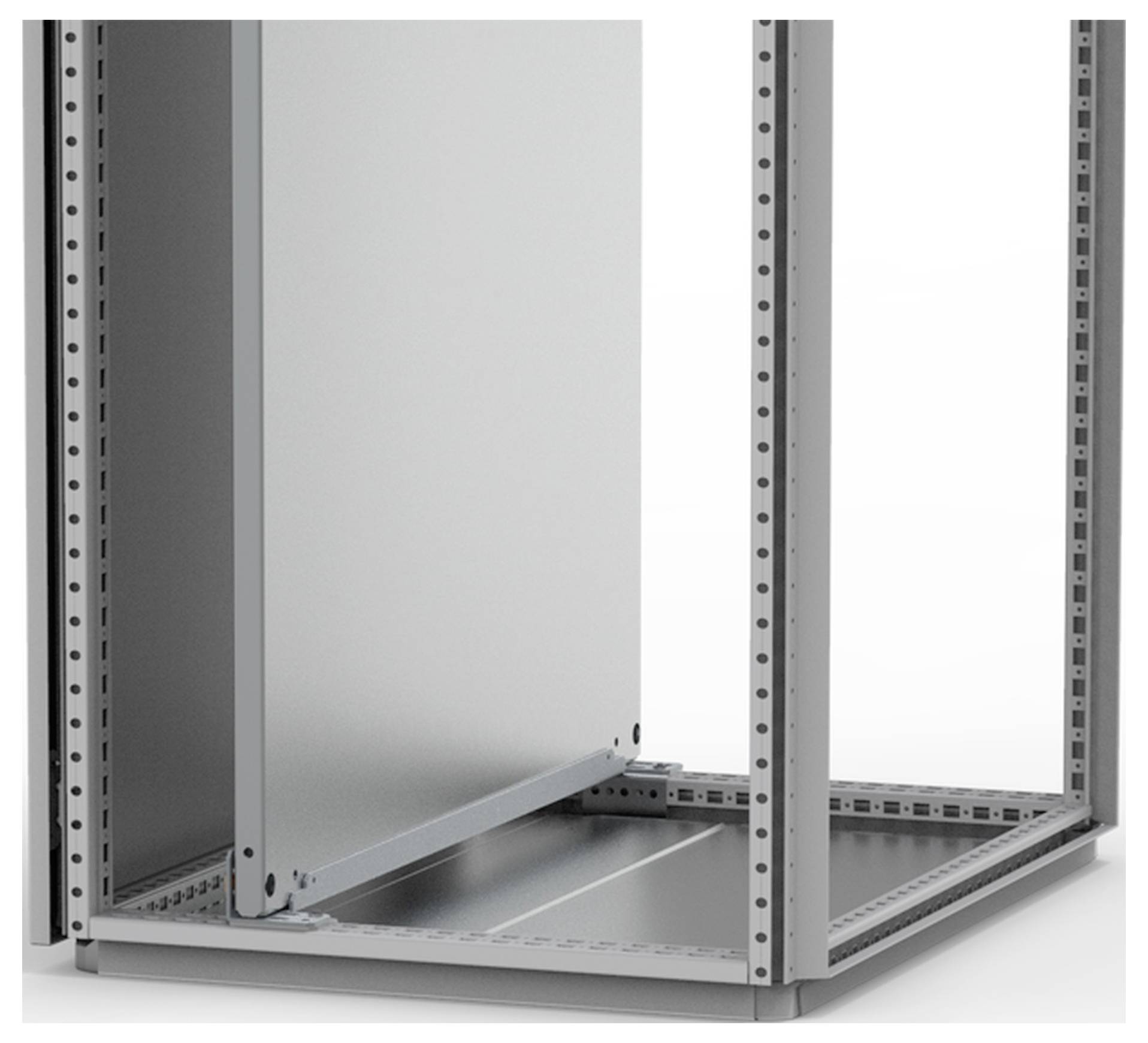 Metallschrank mit offener Seitenwand, zeigt den Innenraum und die stabile Metallstruktur. Geeignet zur Aufnahme von Geräten oder Komponenten.