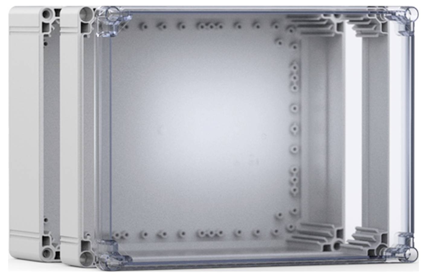 Elektronikkasten aus Kunststoff, transparentem Deckel, grauem Gehäuse, zeigt rechteckige Form mit Schraubenlöchern innen.