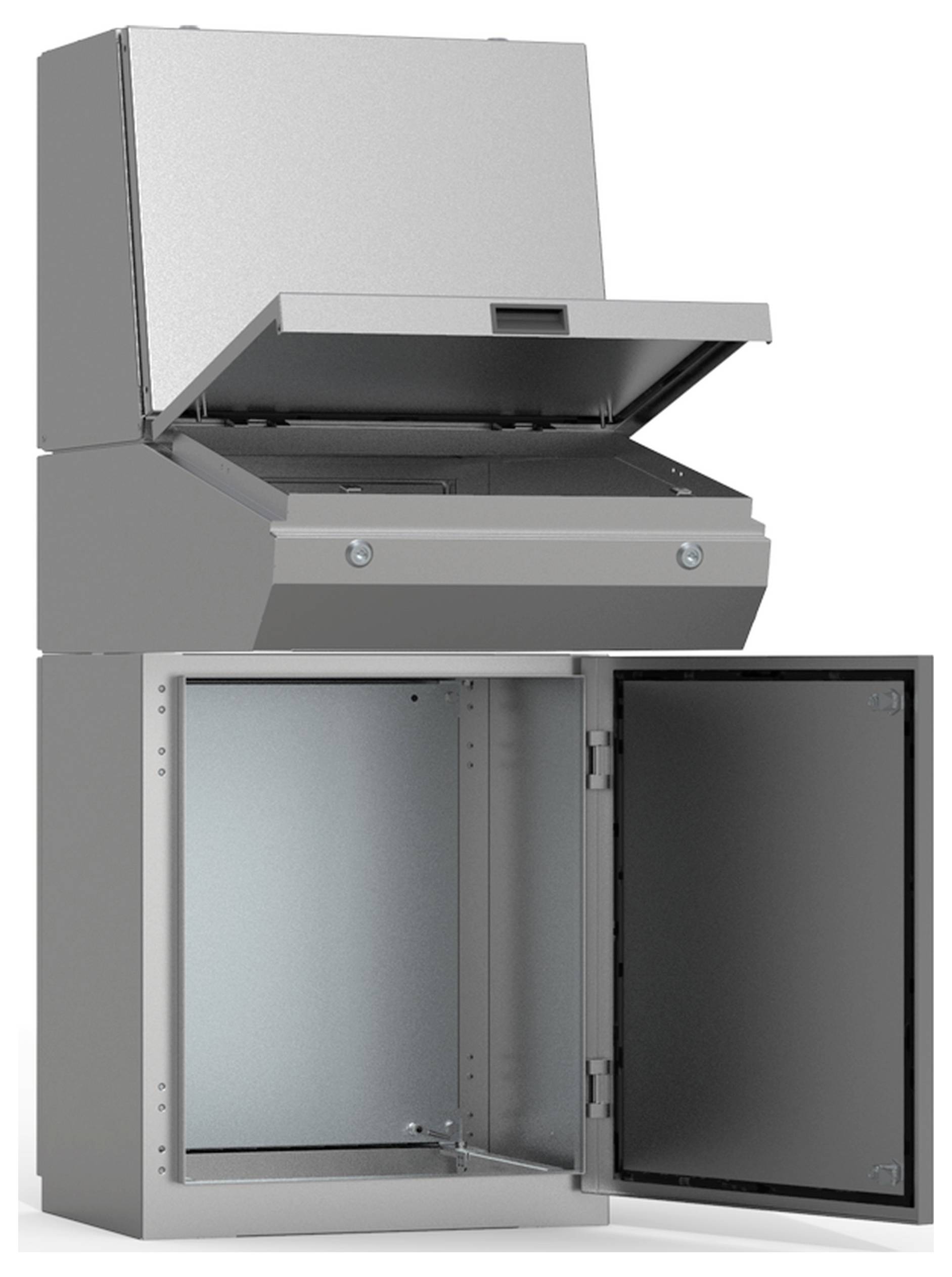 Metallschrank mit zwei offenen Fächern; Oberteil mit Hochklappe, Unterteil mit Tür. Industrielles Design.