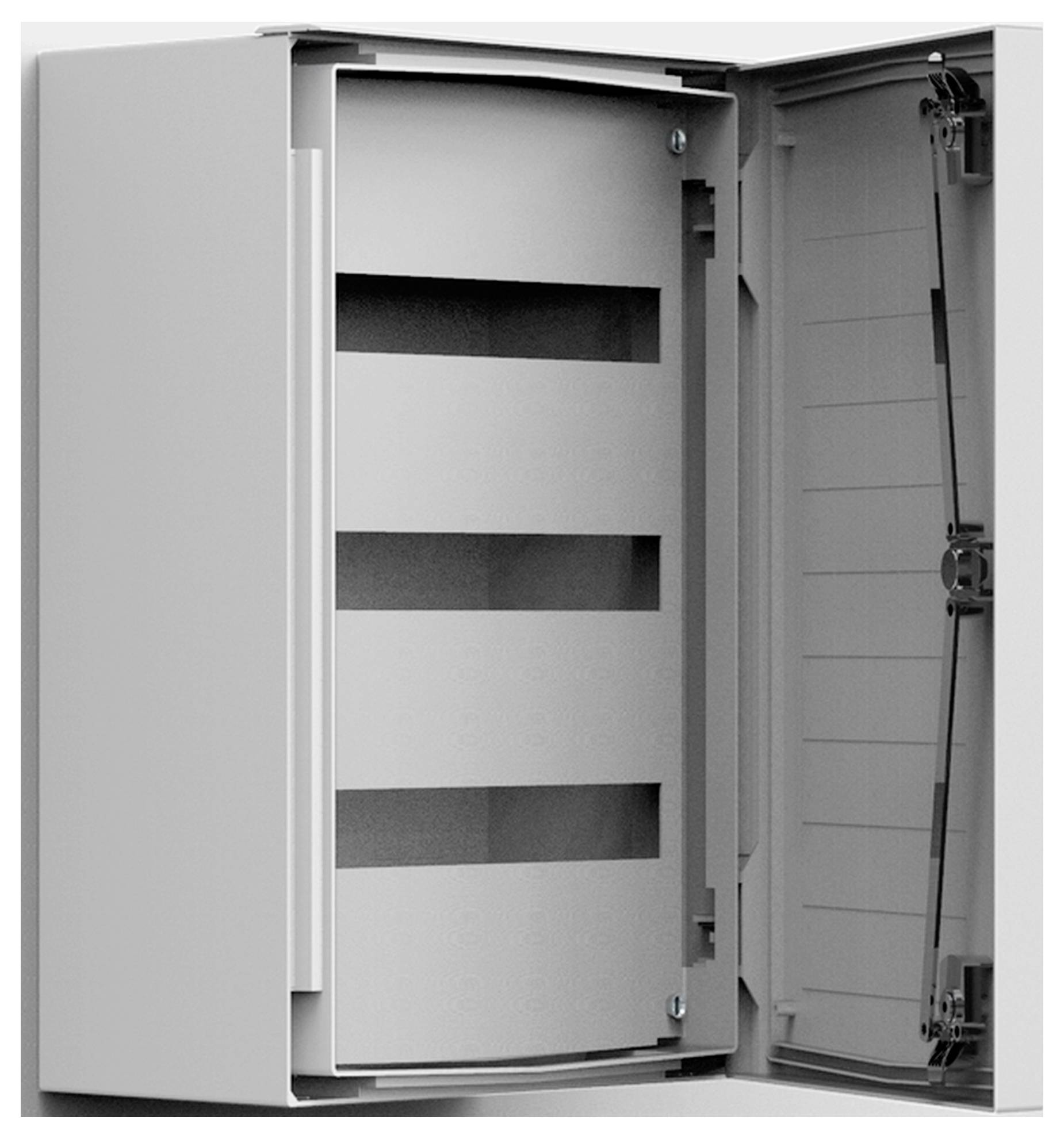 Offene graue Metallschalttafel mit drei sichtbaren Fächern. Rechte Tür ganz geöffnet. Geeignet zur Installation elektrischer Komponenten.