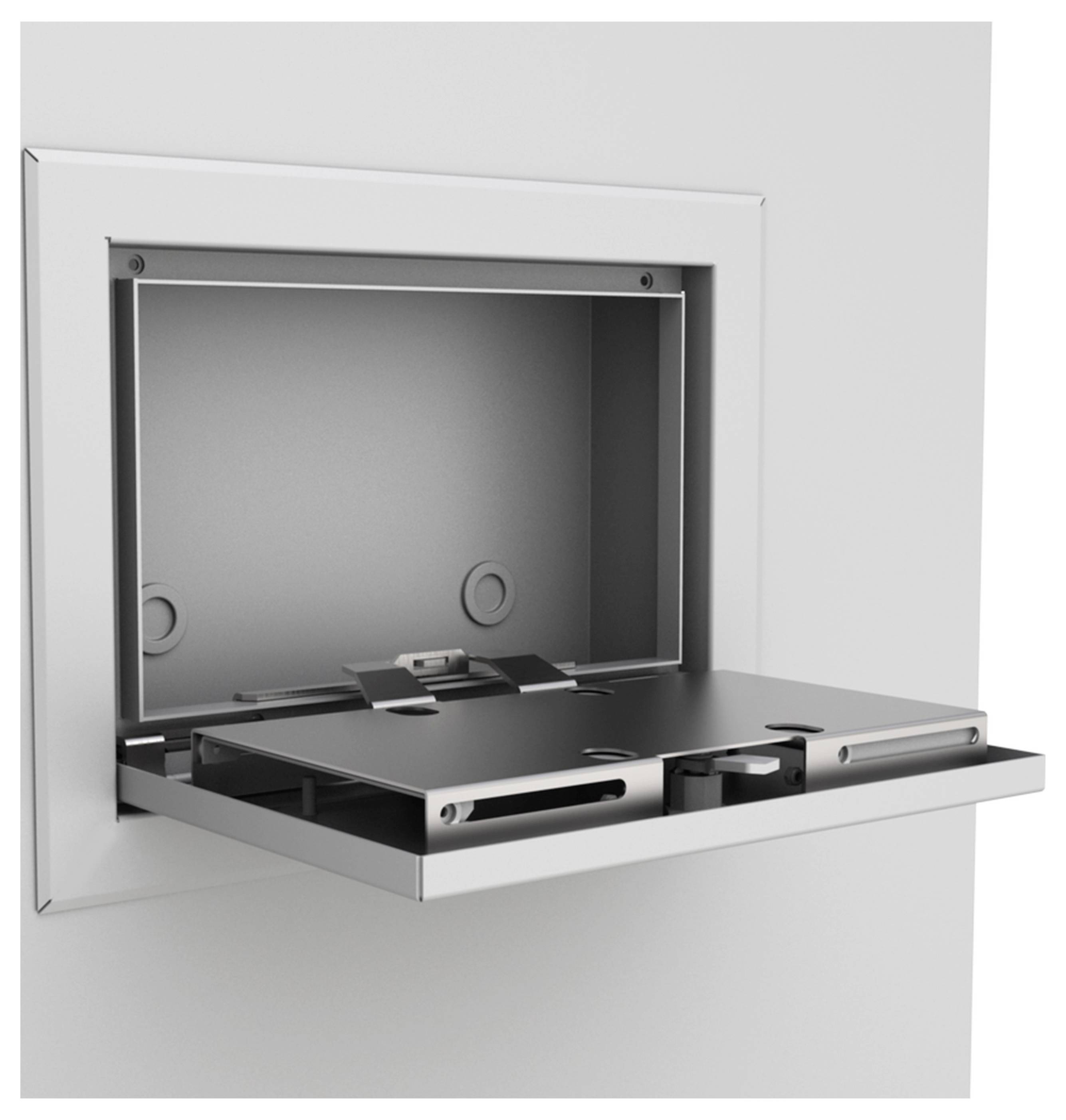 Ein metallisches Einbauteil in der Wand mit einer herausziehbaren, klappbaren Ablage. Geeignet für Wandmontage in Innenräumen.