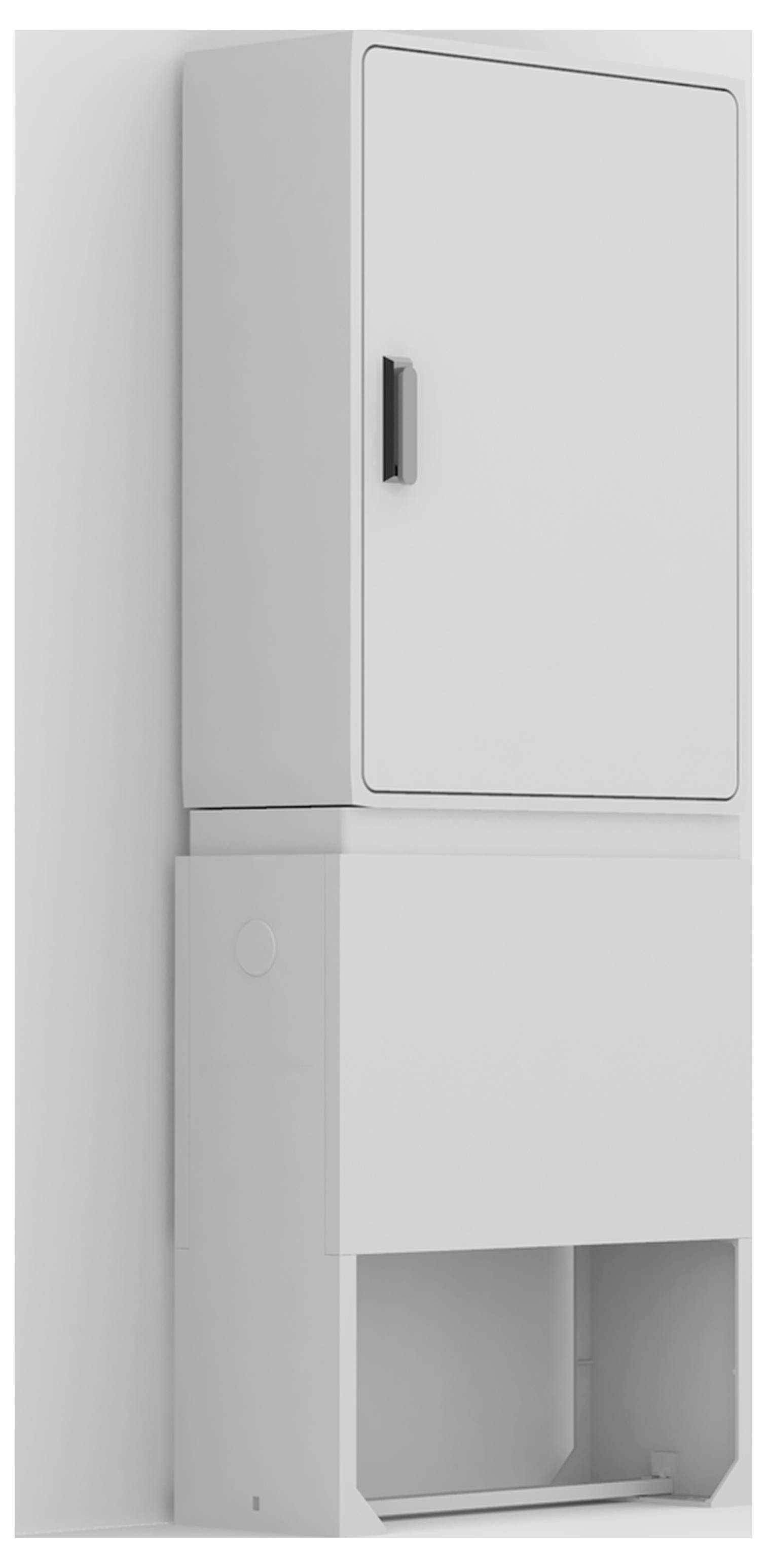 Hochschrank mit integriertem Wäschetrockner und darunterliegendem Stauraum. Weißes Design, an einer Wand montiert.