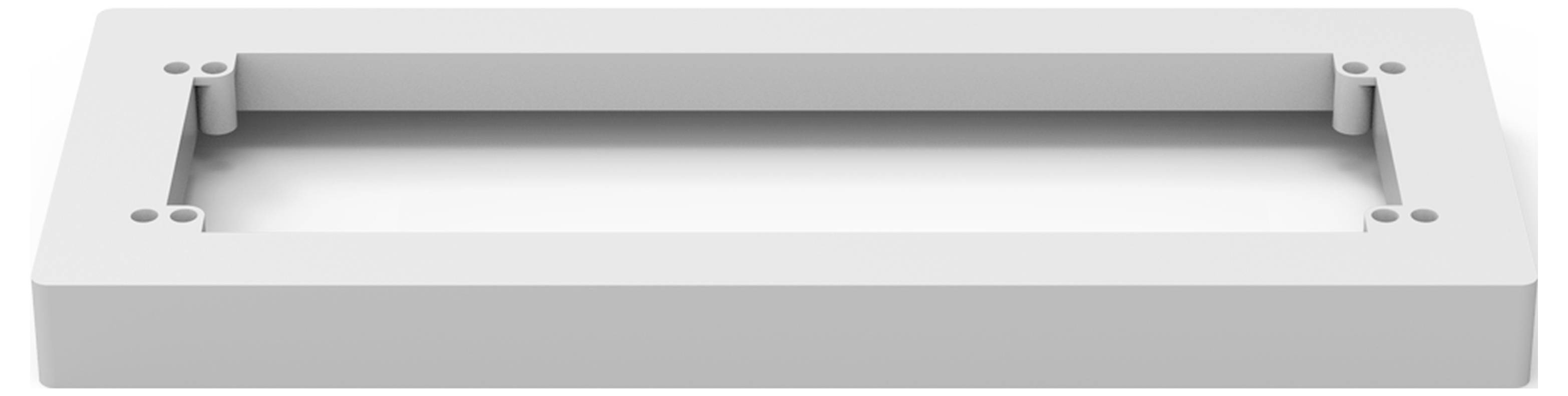 Ein rechteckiger, weißer Kunststoffrahmen mit abgerundeten Ecken und vier Schraubenlöchern in den Ecken, von oben gesehen.