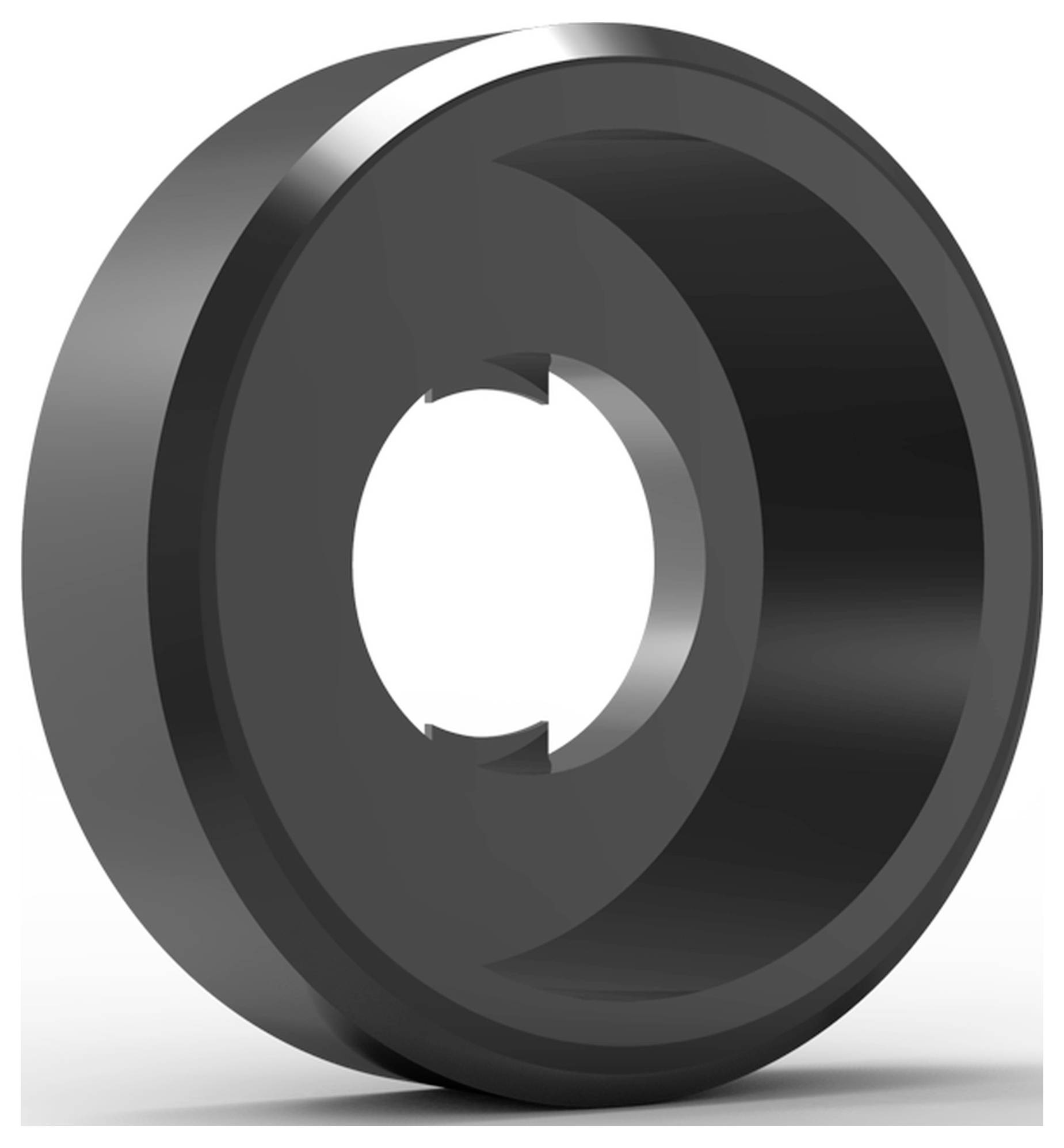 Schwarzes Metallrad mit zentralem Loch, glänzender Oberfläche und strukturierten Kanten, dargestellt in 3D-Ansicht.