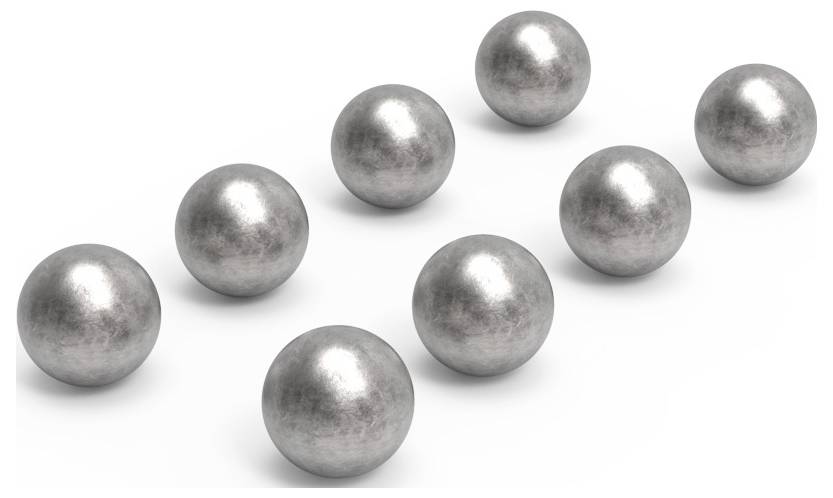 Acht silberne Metallkugeln gleichmäßig verteilt auf einer weißen Oberfläche.