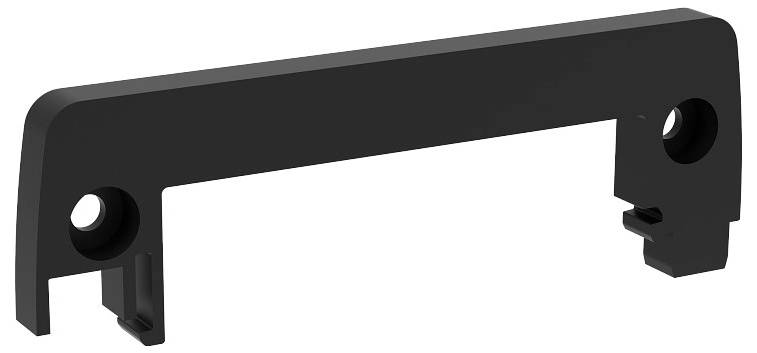 Schwarzes, rechteckiges Kunststoffteil mit zwei seitlichen Befestigungslöchern und erhabenen Kanten. Dient zur Montage oder Unterstützung.