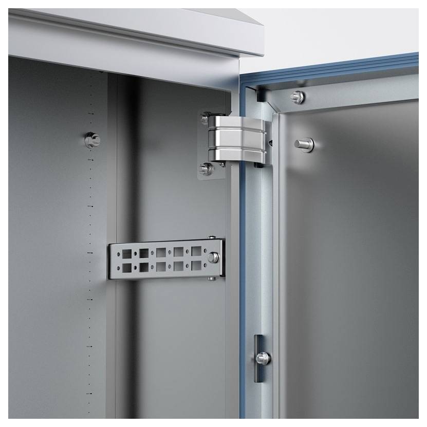 Metallschrank mit geöffneter Tür, zeigt ein Scharnier und Metallhalterung innen, auf blauem Rahmen montiert.