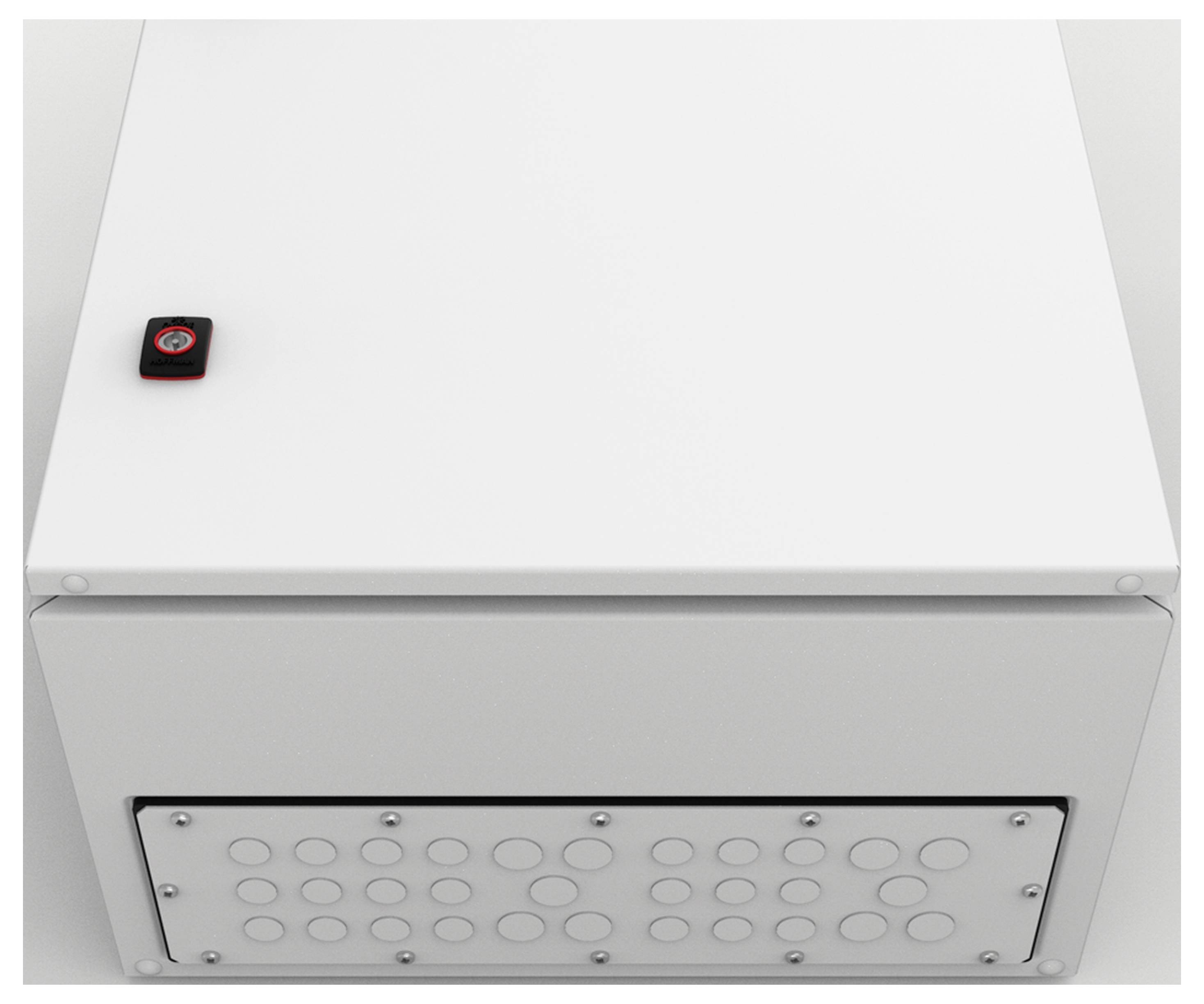 Weiße Box mit elektronischem Schließsystem und kleinen schwarz-roten Fernbedienung obenauf.