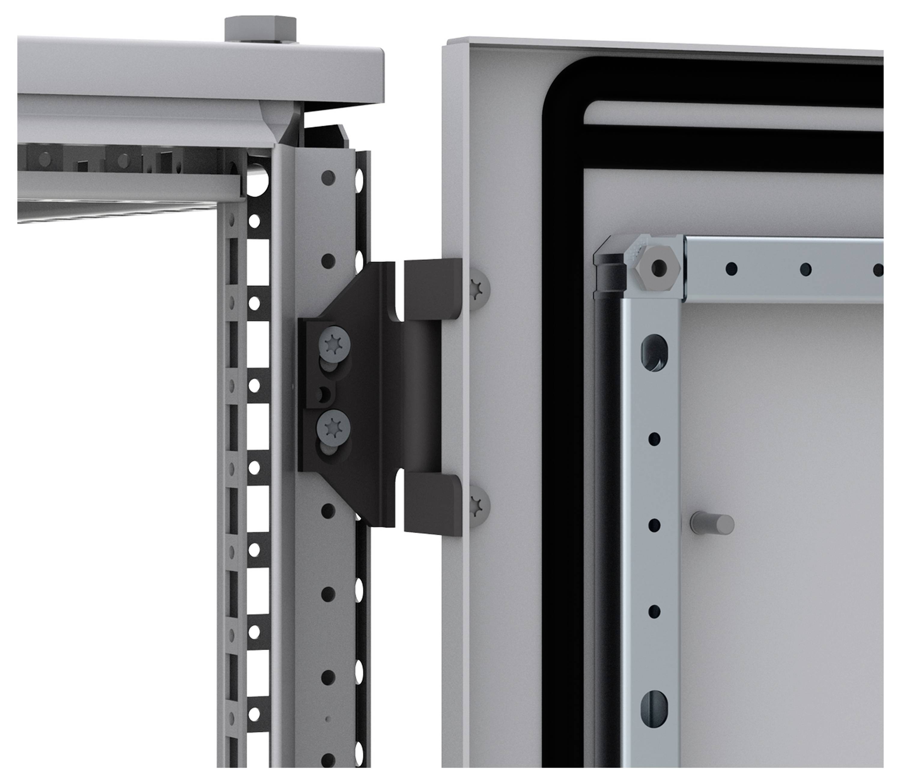 Detailaufnahme von einem Montage-Scharnier, das zwei Metallstrukturen verbindet. Sichtbar sind Schrauben und Rahmendetails.