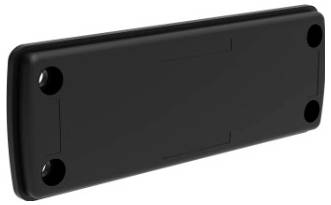 Ein rechteckiger, schwarzer Kunststoffdeckel mit vier Bohrungen an den Ecken, möglicherweise Teil eines Gehäuses oder einer Abdeckung.