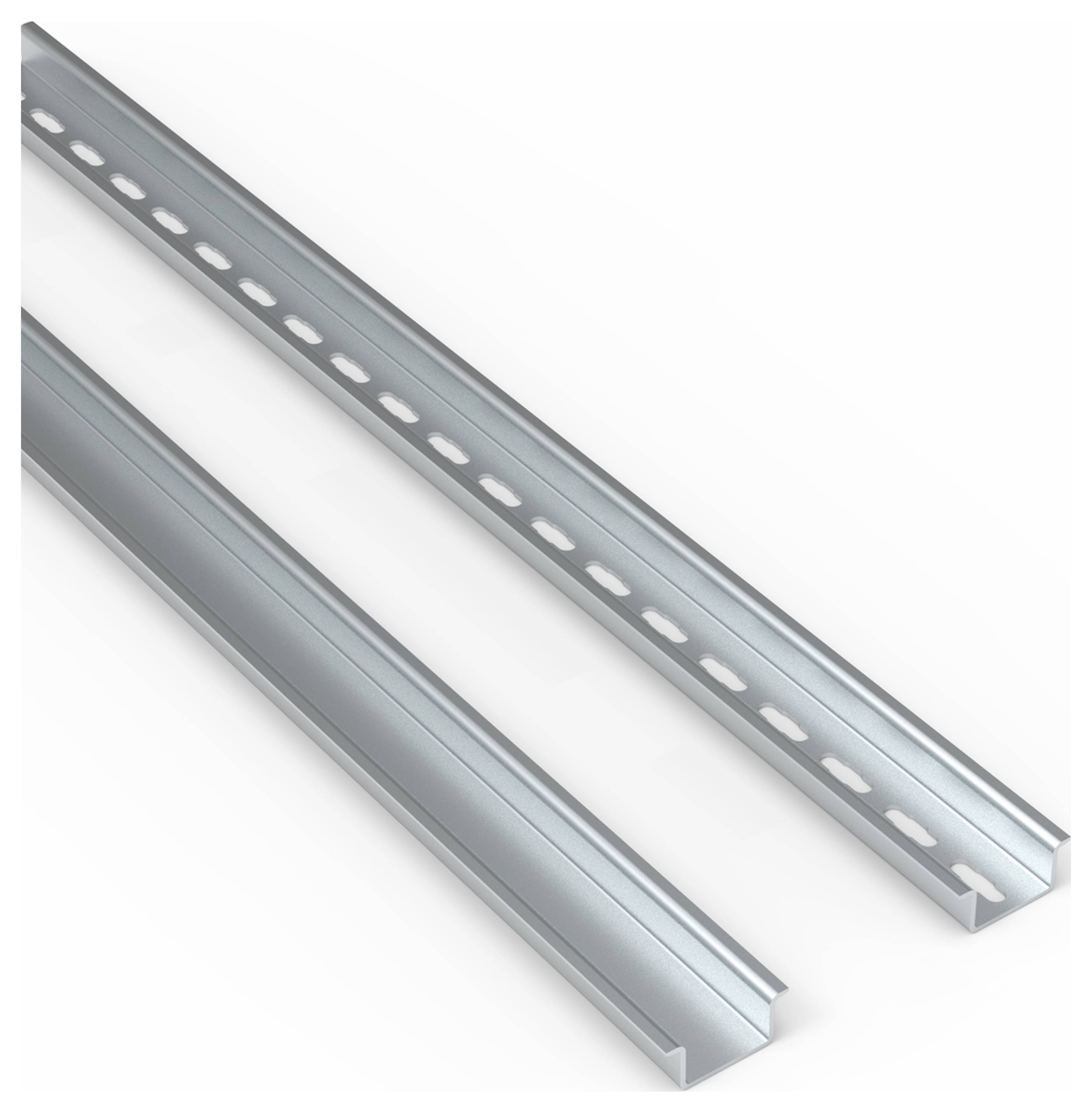 Zwei Metallprofile, eines mit gleichmäßigen Löchern und eines ohne Löcher, liegen parallel zueinander auf einer weißen Oberfläche.