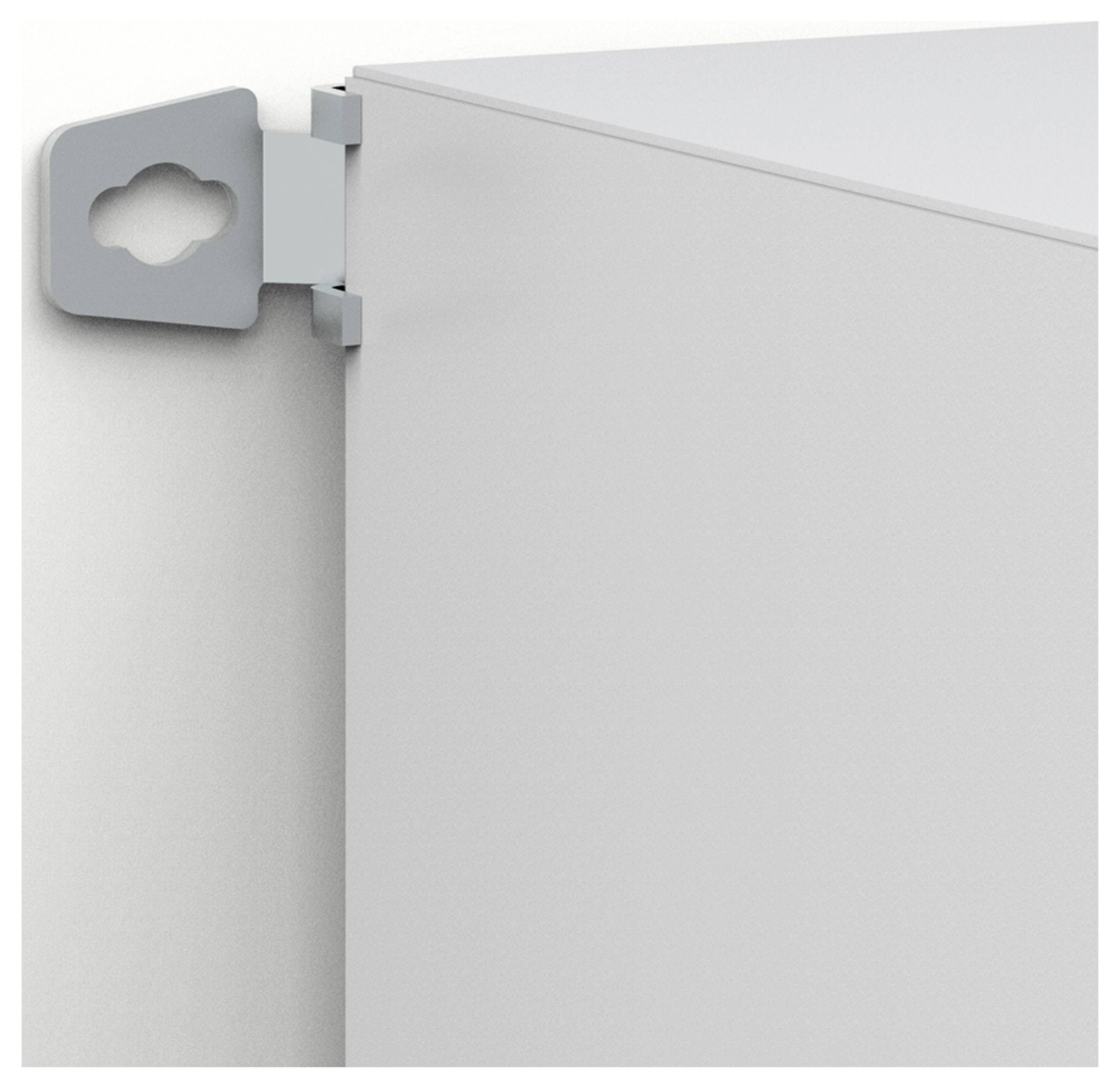 Schrank montiert an einer Wand mit einem metallischen, wolkenförmigen Winkelhalter.