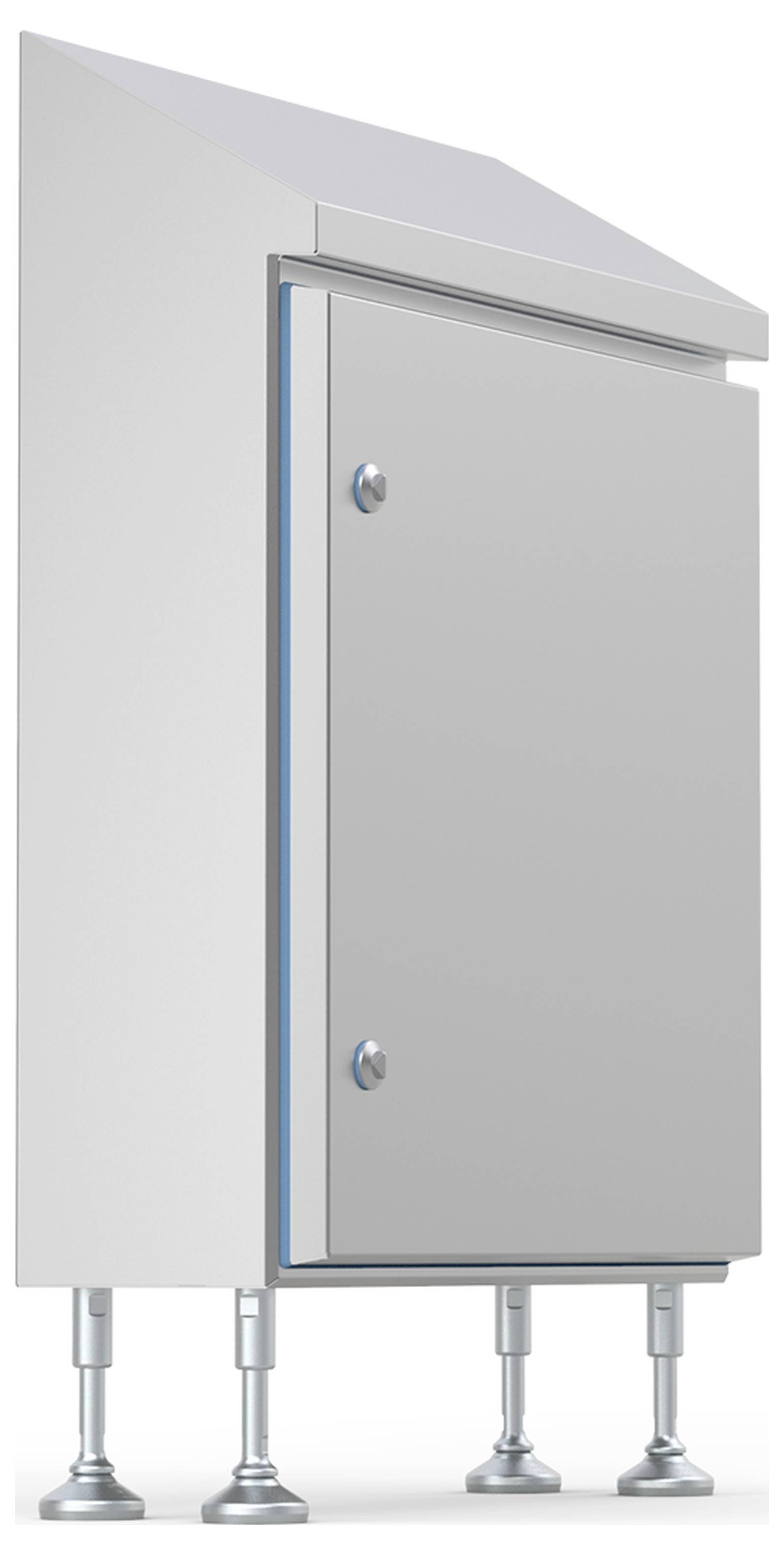 Ein grauer, metallischer Schaltschrank mit vier Standfüßen, geeignet für industrielle Anwendungen.