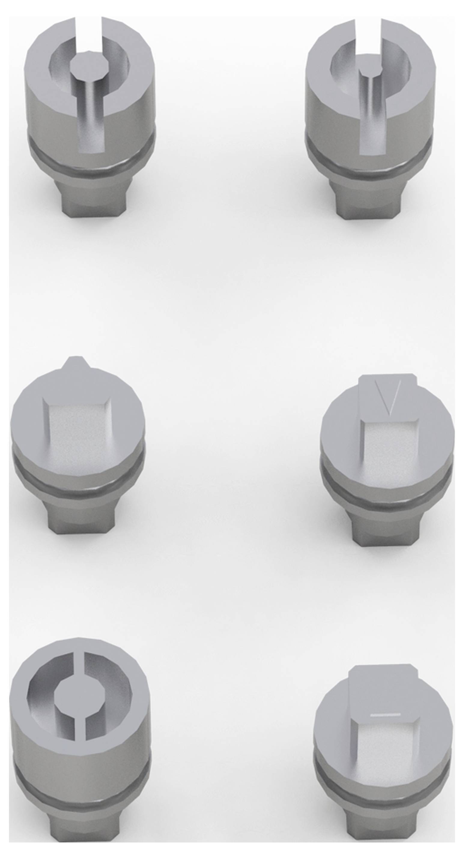 Sechs graue, zylinderförmige Objekte mit unterschiedlichen geometrischen Formen oben, auf weißem Hintergrund angeordnet.