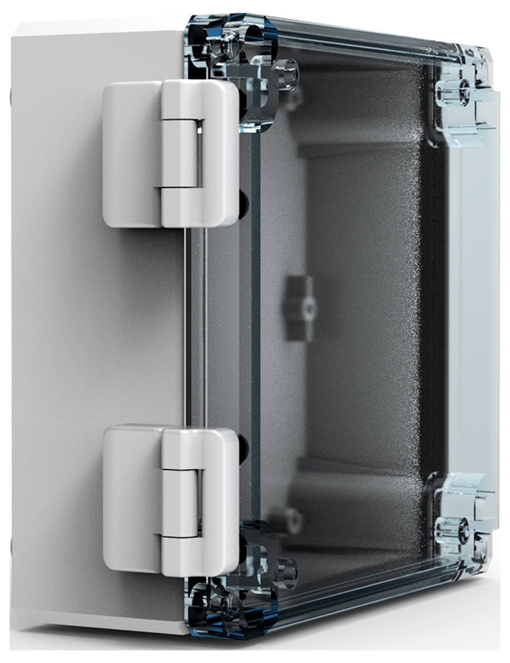 Metallkiste mit transparentem Deckel und Scharnieren, die eine klare Sicht auf das Innere erlauben.