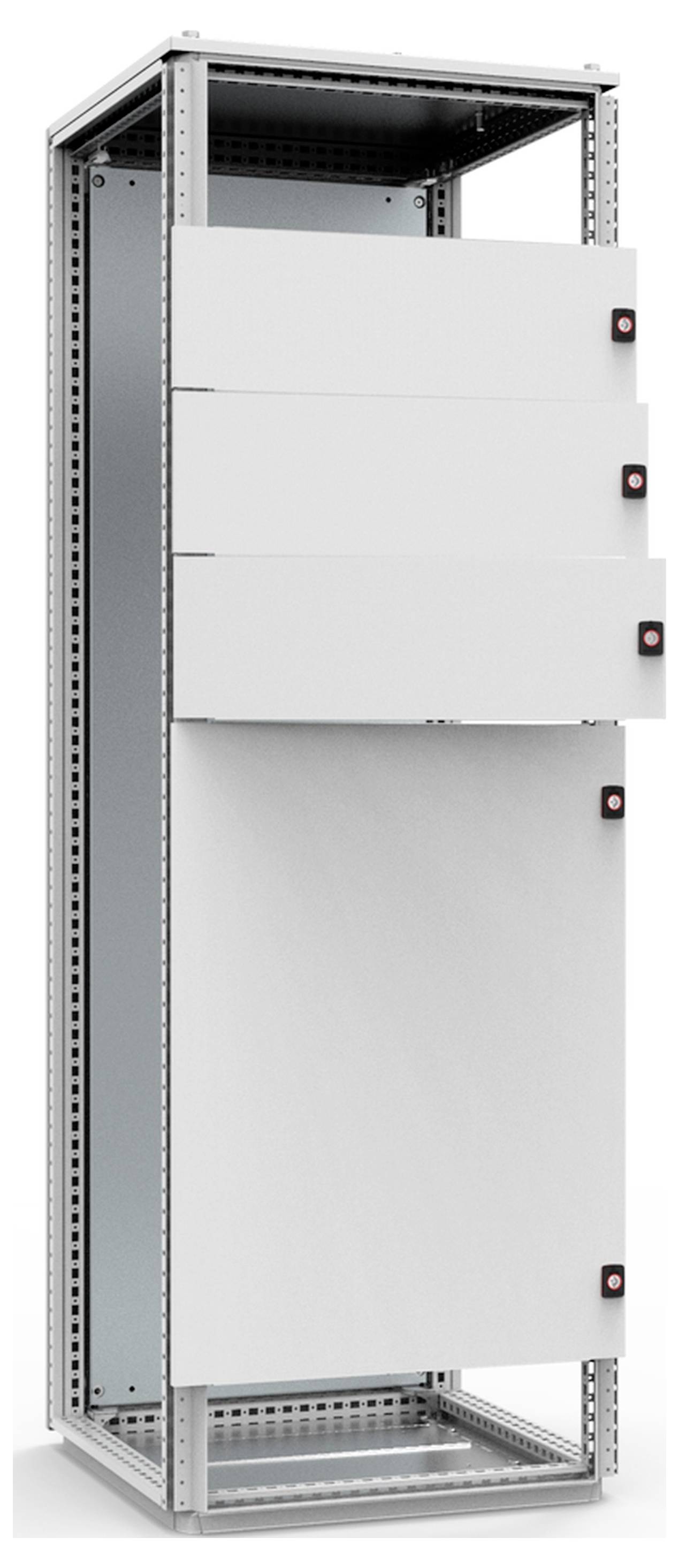 Ein leeres, stehendes Metallgestell mit offenen Seiten, geeignet zur Aufnahme von Elektronik- oder Serverkomponenten.