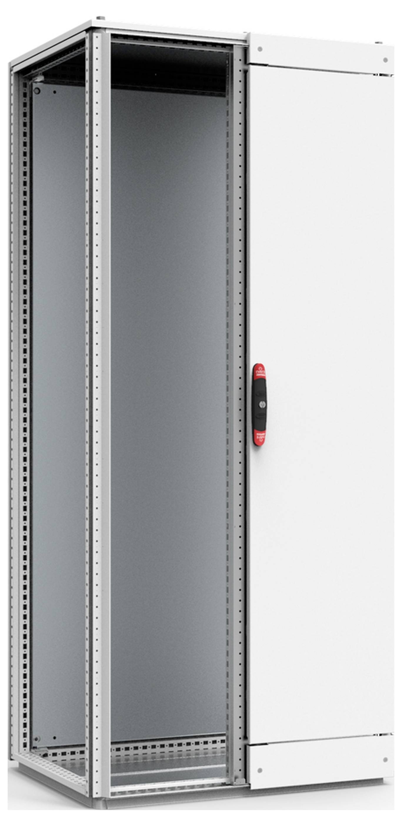 Metallschrank mit Tür, offen, zeigt geräumiges Inneres. Geeignet für technisches oder IT-Equipment.