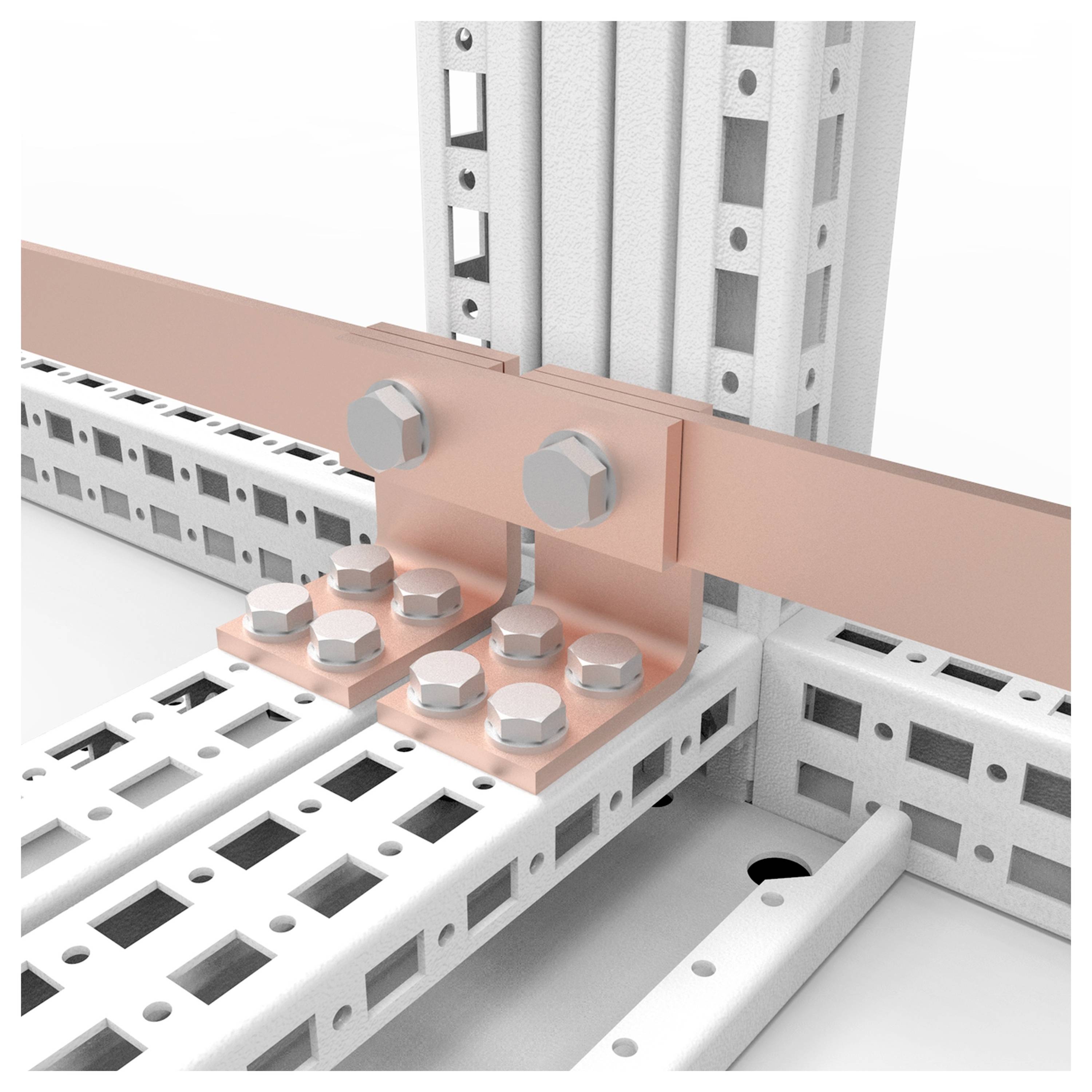Eine Metallstruktur mit verschraubten Verbindungen, bestehend aus horizontalen und vertikalen Stützstreben.