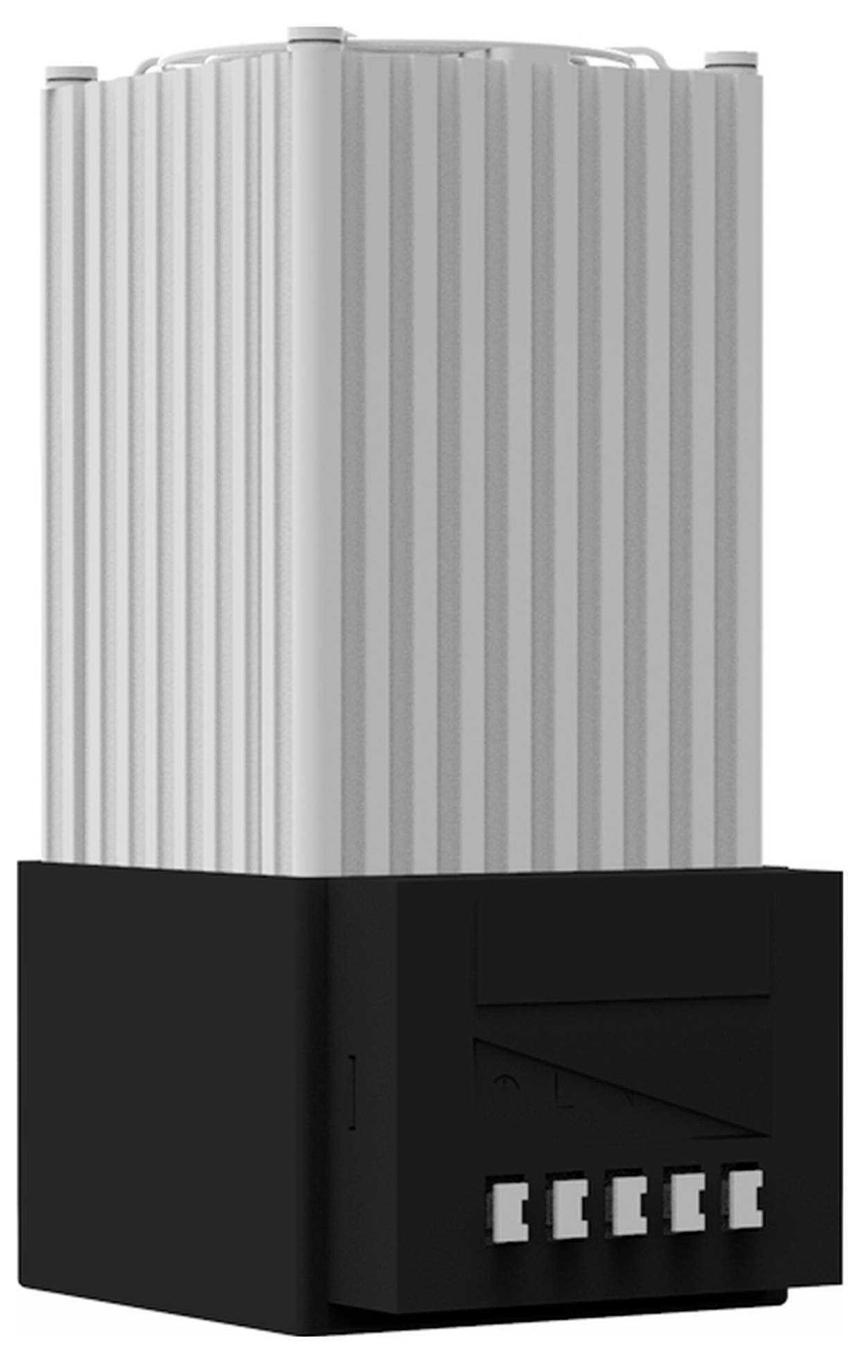 Ein silbern-grauer, vertikal gerippter Elektronikkomponente auf einem schwarzen Sockel; möglicherweise ein Kühlkörper oder Verstärker.