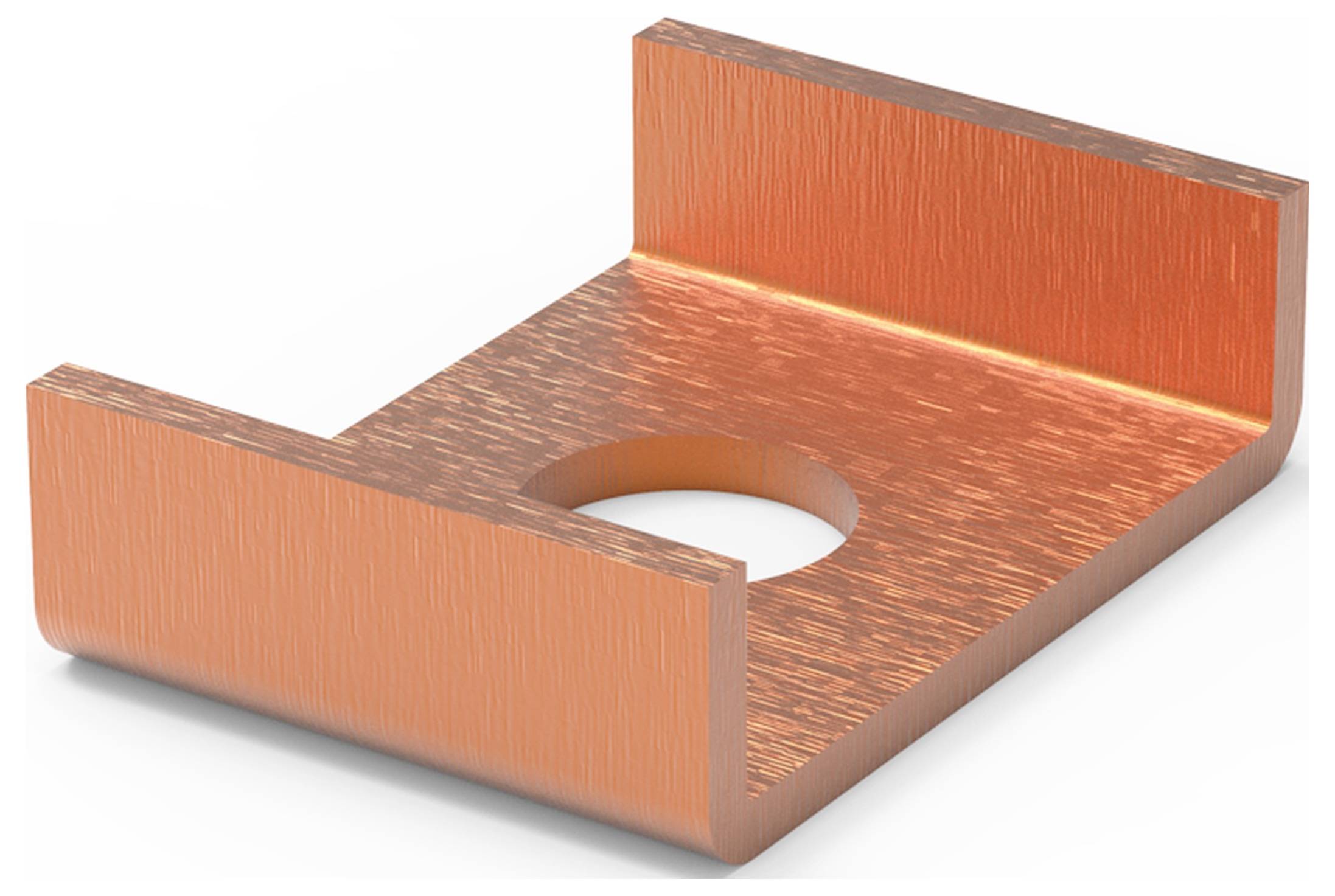 Metallklammer in L-Form mit rundem Loch in der Mitte, orangefarben, mit zwei hochstehenden Seiten.