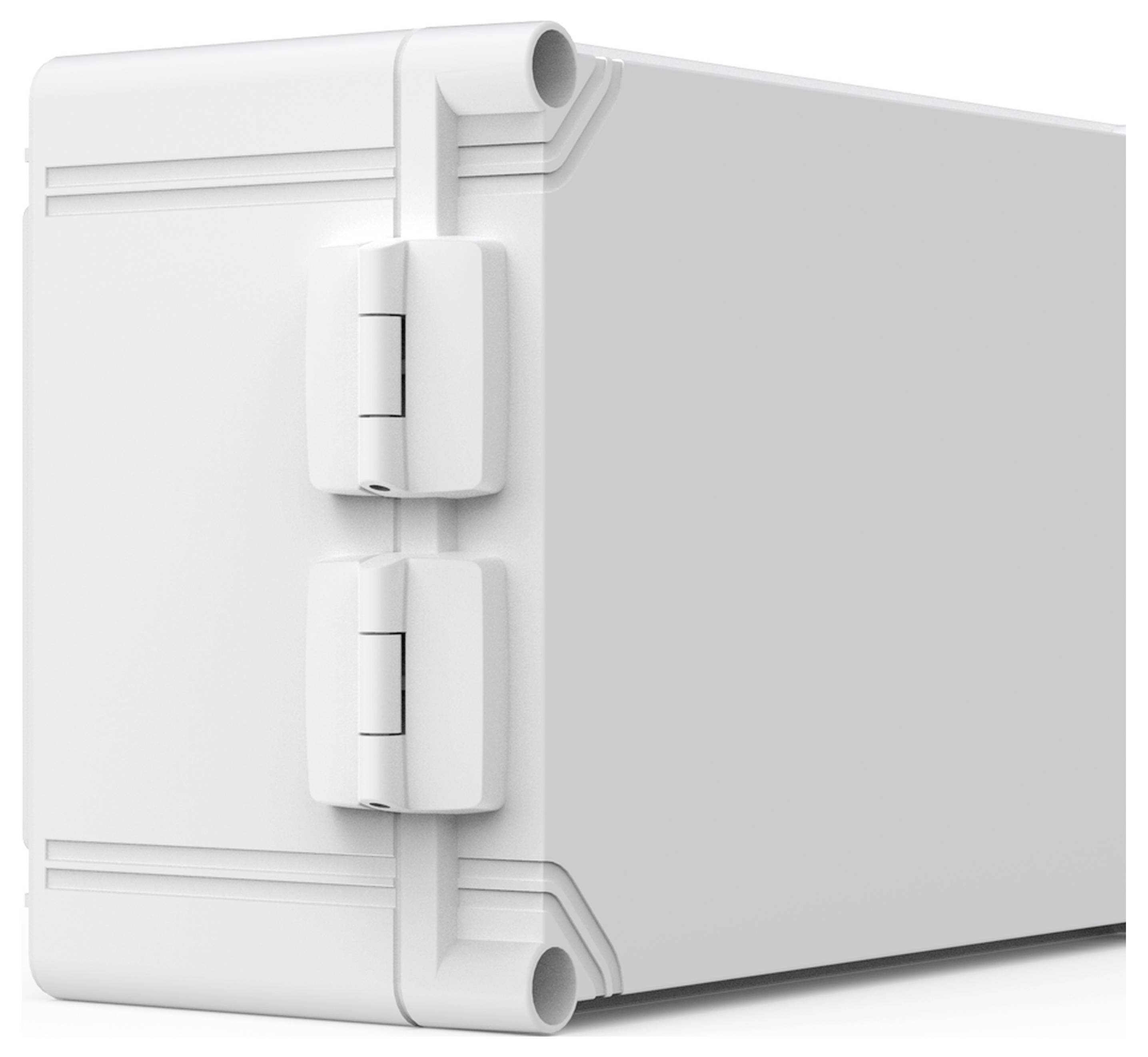 Ein rechteckiges, weißes Gehäuse mit Scharnieren auf der Seite. Es hat eine glatte Oberfläche und abgerundete Kanten.
