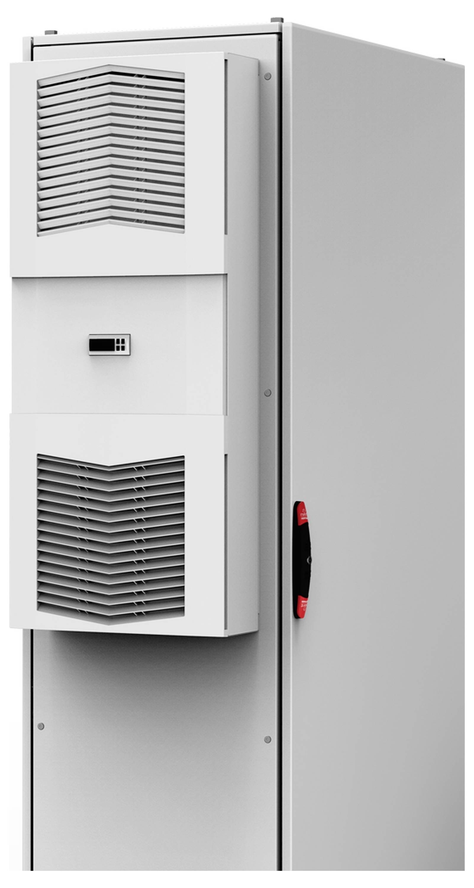 Ein silbernes Industrie-Klimagerät mit Lüftungsschlitzen und rotem Griff, geeignet für Temperaturkontrolle in technischen Umgebungen.