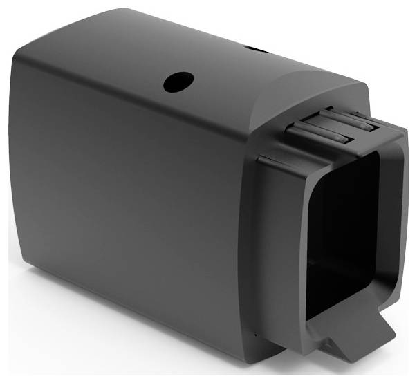 Schwarzes rechteckiges Kunststoffgehäuse mit abgerundeten Kanten, zeigt Öffnung und mehrere Schlitze auf der Rückseite.
