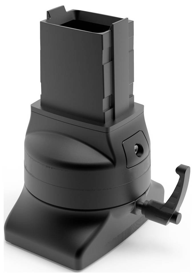 Ein schwarzer, rechteckiger Kunststoffadapter mit Kurbel an der Seite zur Höhenverstellung.