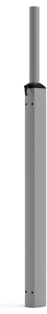 Langer, grauer, rechteckiger Metallpfosten mit einem schmalen runden Rohr oben, vor weißem Hintergrund.