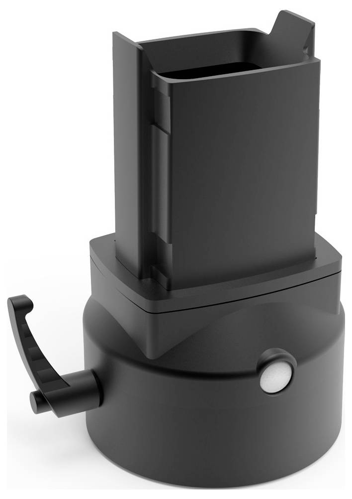 Schwarzes, zylindrisches Gerät mit Hebel und Knopf, wahrscheinlich ein technisches Bauteil.