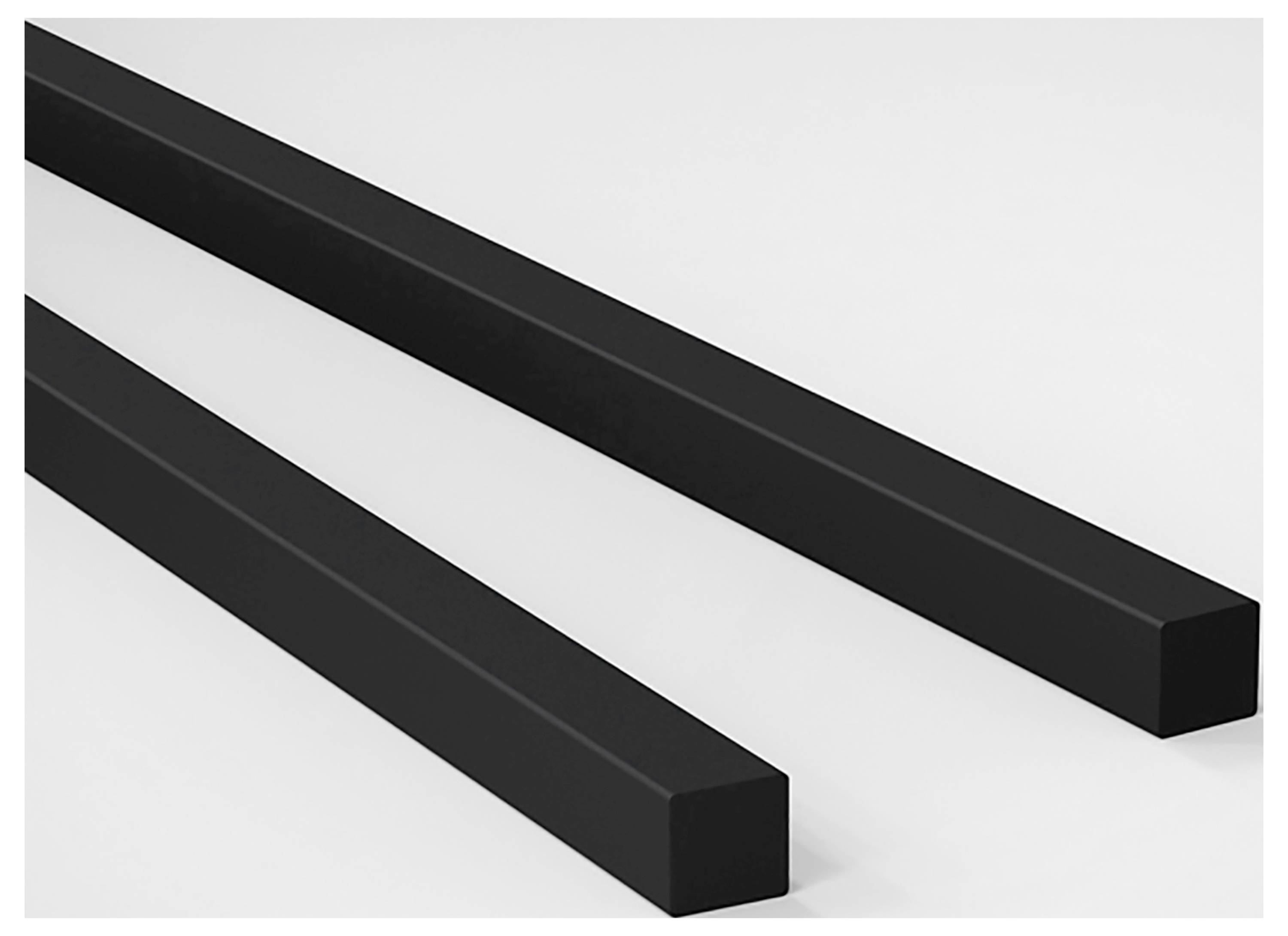 Zwei parallele schwarze Balken auf hellem Untergrund. Der linke Balken erscheint kürzer aufgrund perspektivischer Darstellung.