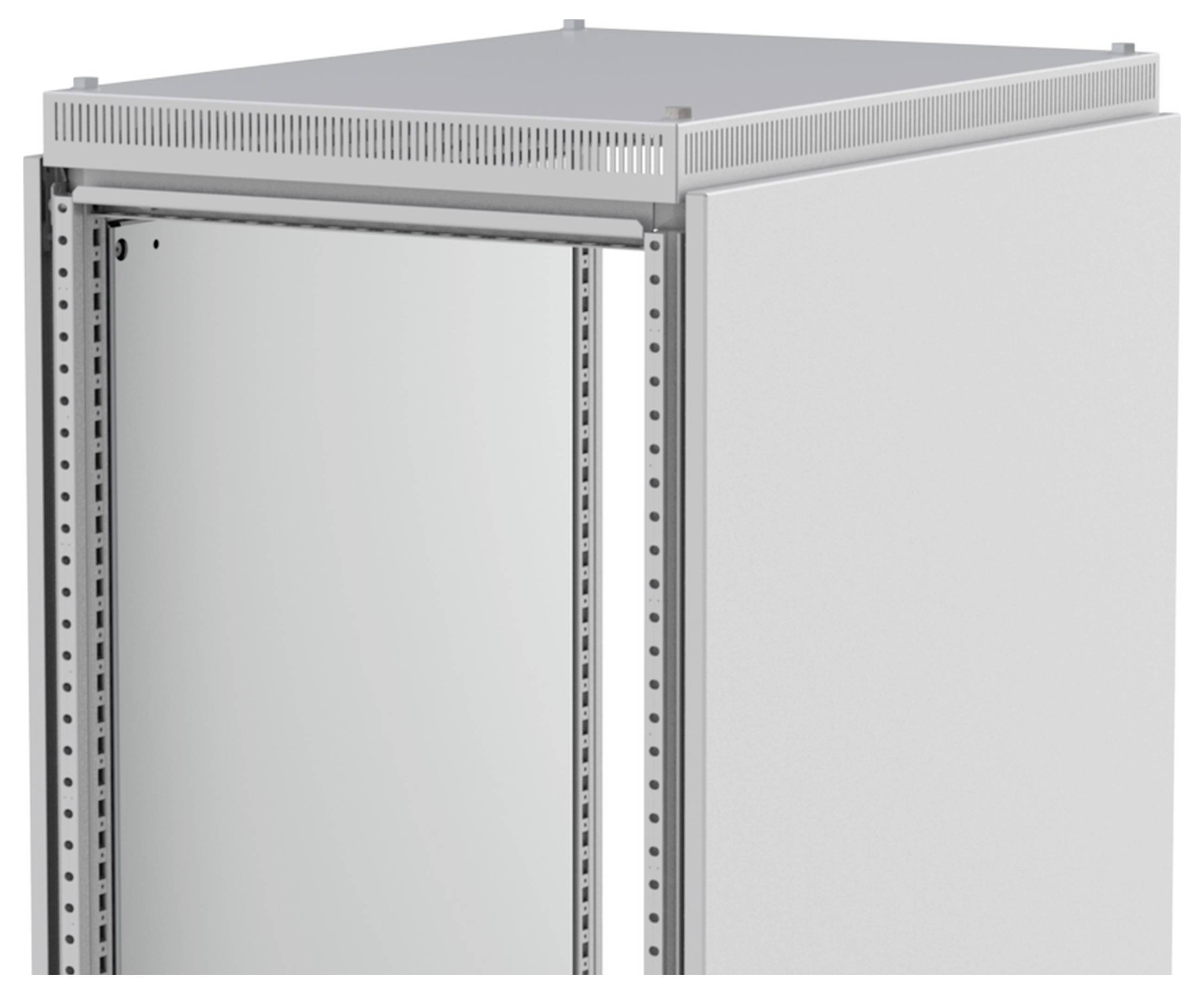 Ein leerer, offener Schaltschrank aus Metall, geeignet für die Installation von elektrischen Komponenten.