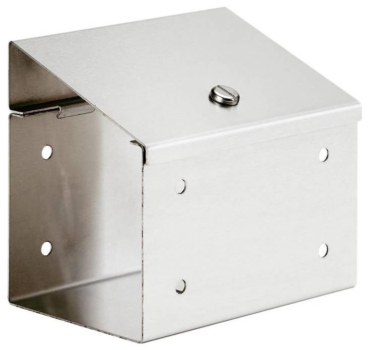 Metallischer Wandhalter mit abgewinkelter Abdeckung und Schraubenloch an der Oberseite, geeignet zur Befestigung von Geräten.