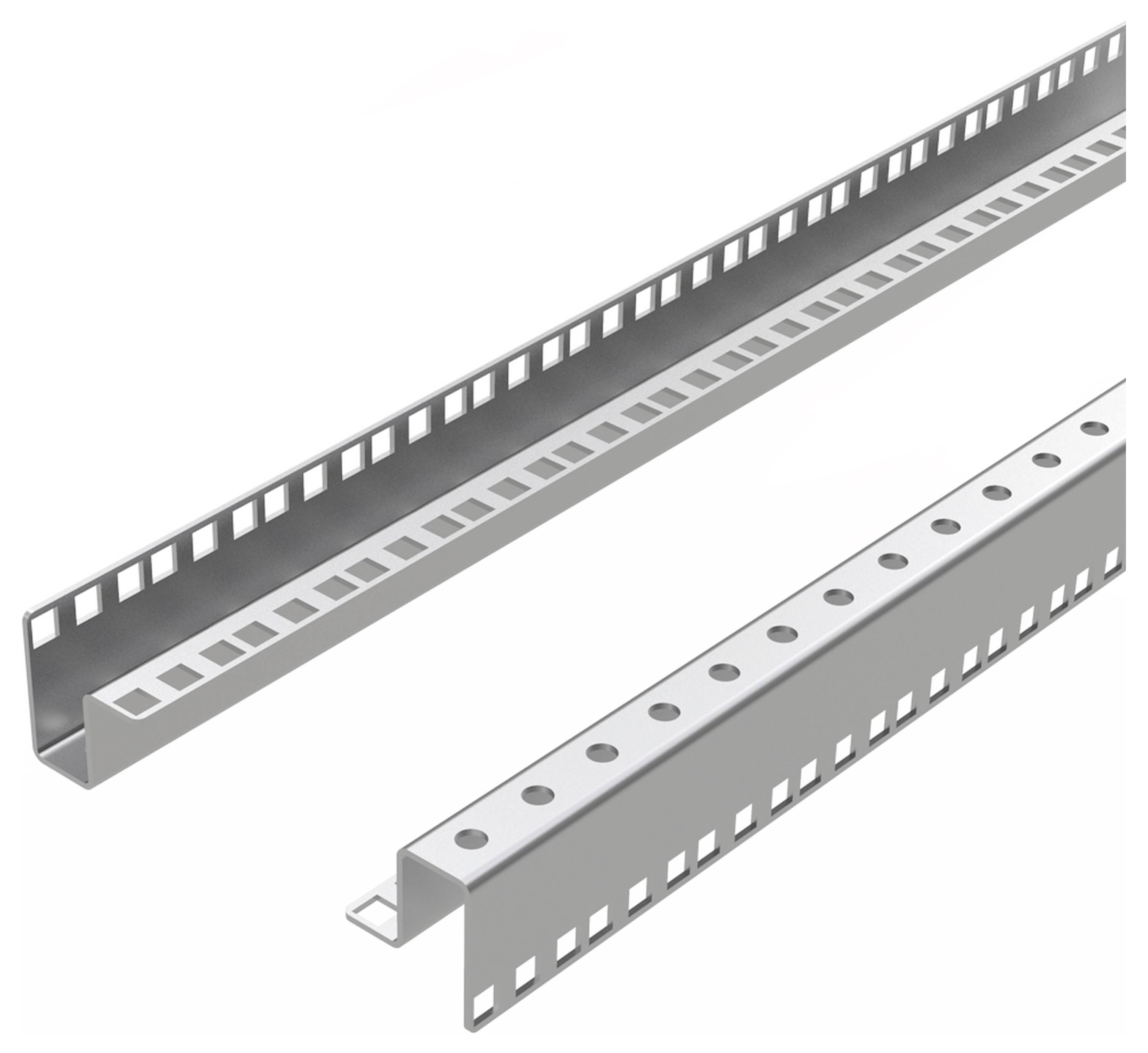 Metallprofile mit gestanzten Löchern, U-förmig, in unterschiedlichen Perspektiven gezeigt, zur Befestigung oder Konstruktion.