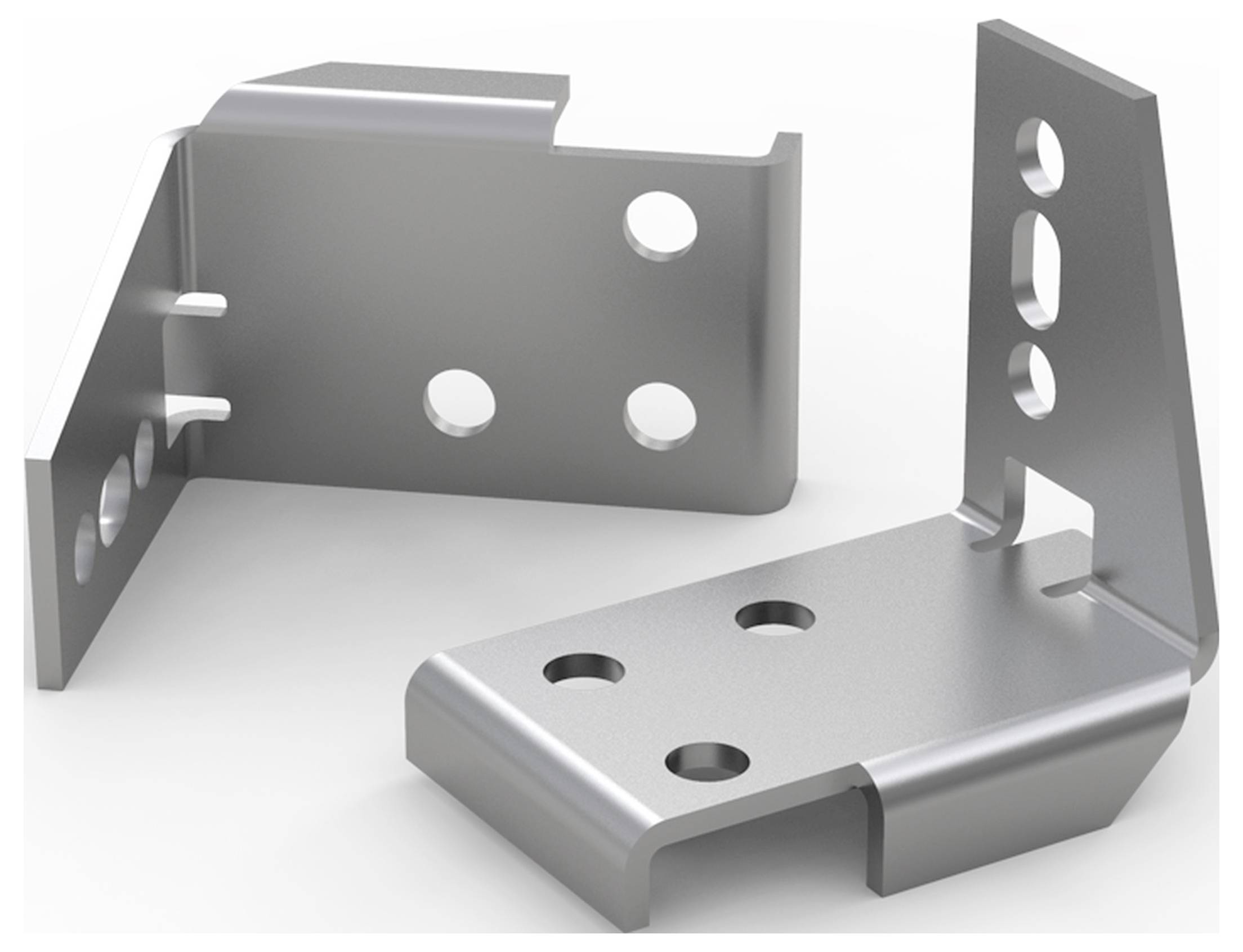 Zwei silberne Metallwinkel mit mehreren Bohrungen, geeignet zur Verbindung von Strukturteilen.