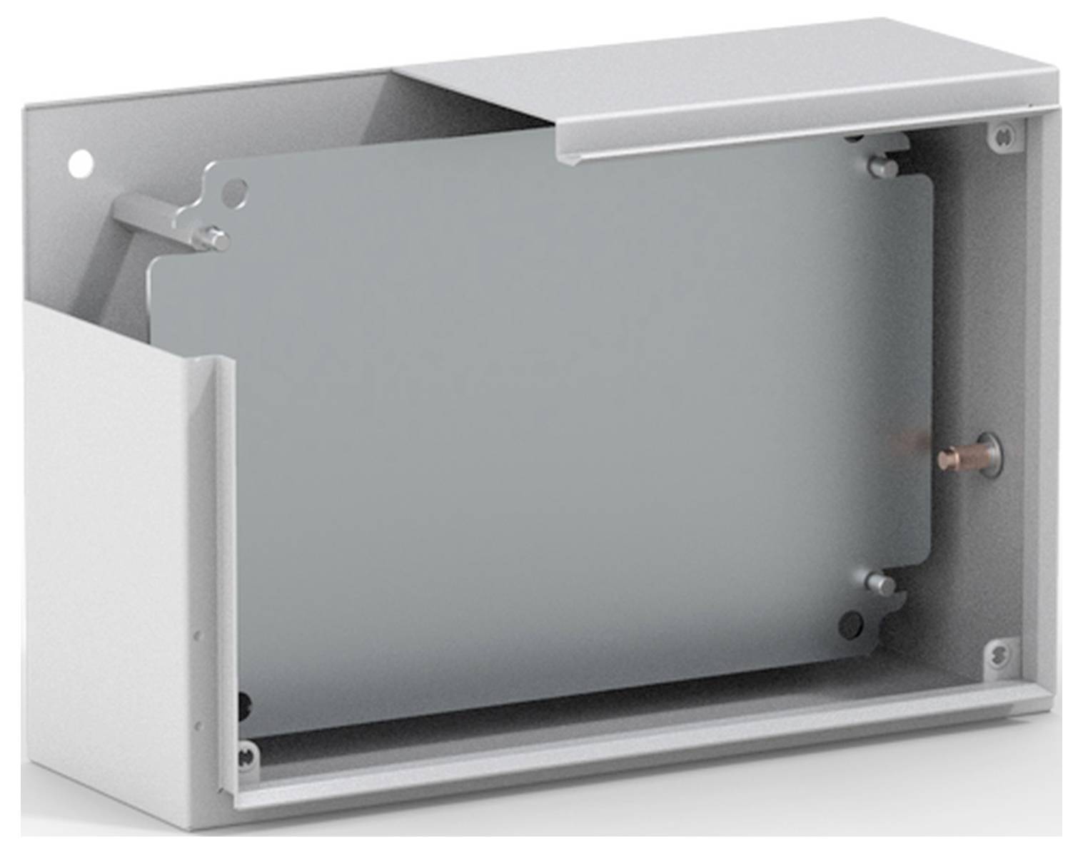 Metallgehäuse ohne Frontplatte, an der Wand montierbar. Geeignet für elektronische Komponenten; Öffnungen für Kabelzufuhr sichtbar.