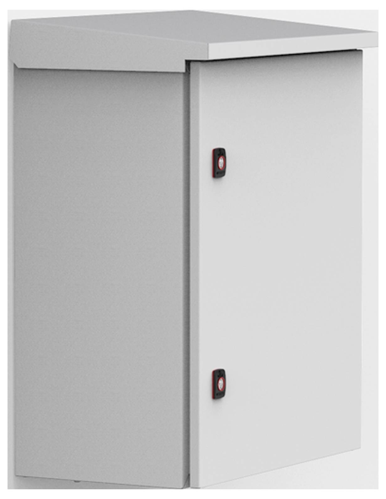 Ein grauer, rechteckiger Metallschrank mit zwei schwarzen Griffen, steht aufrecht.