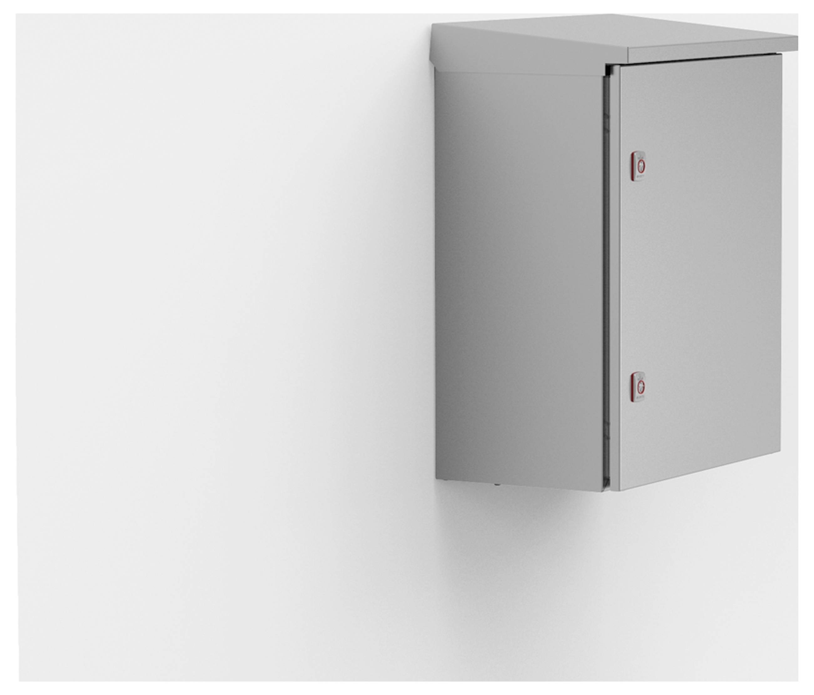 Metallschrank an einer weißen Wand montiert. Der Schrank hat zwei rote Verschlüsse an der Frontseite.