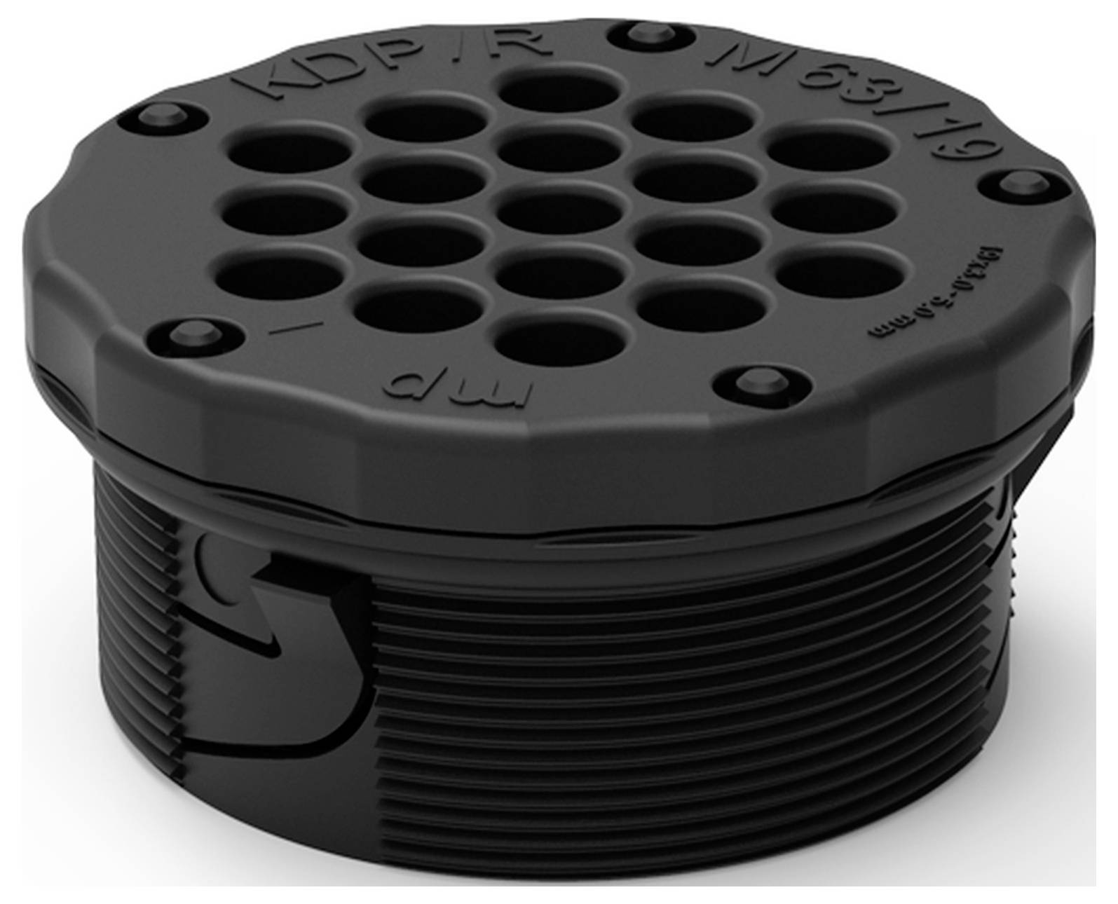 Ein schwarzer, zylinderförmiger Verschluss mit mehreren runden Öffnungen oben. Der Verschluss hat ein geriffeltes Gewinde und Schraubeneinsätze.